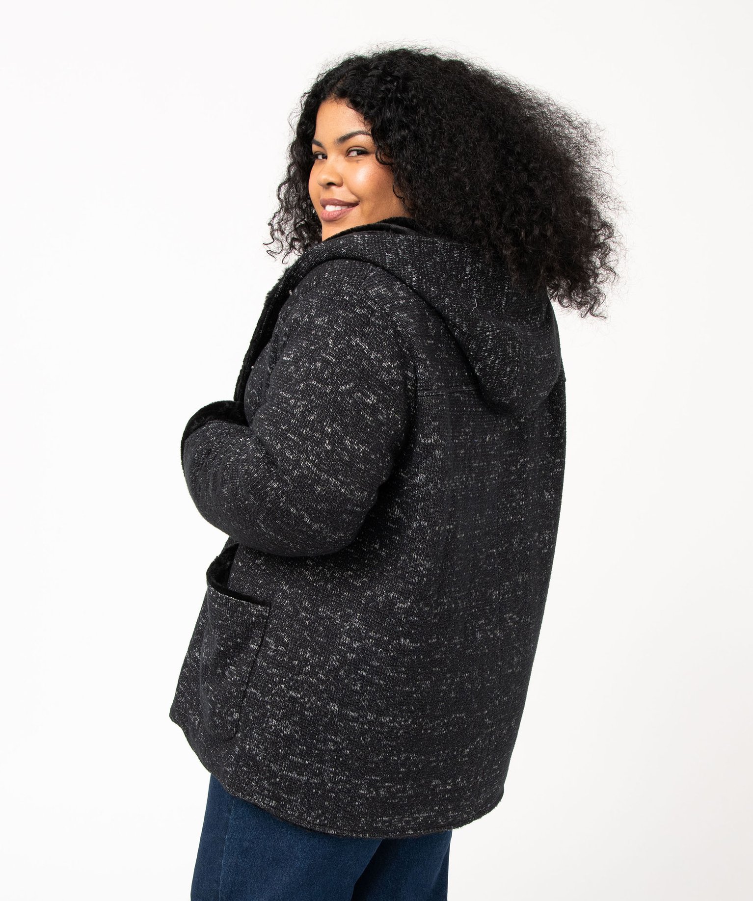 Manteau en maille bouclette et détails duveteux femme grand... gris fonce | GEMO