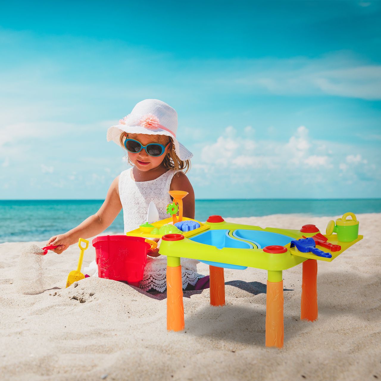HOMCOM Kinder Sandspielzeug, Sandkastentisch mit 16-tlg. Zubehör, Spieltisch, Strandspielzeug, ab 3 Jahren, PP, 99,5 x 49 x 48 cm