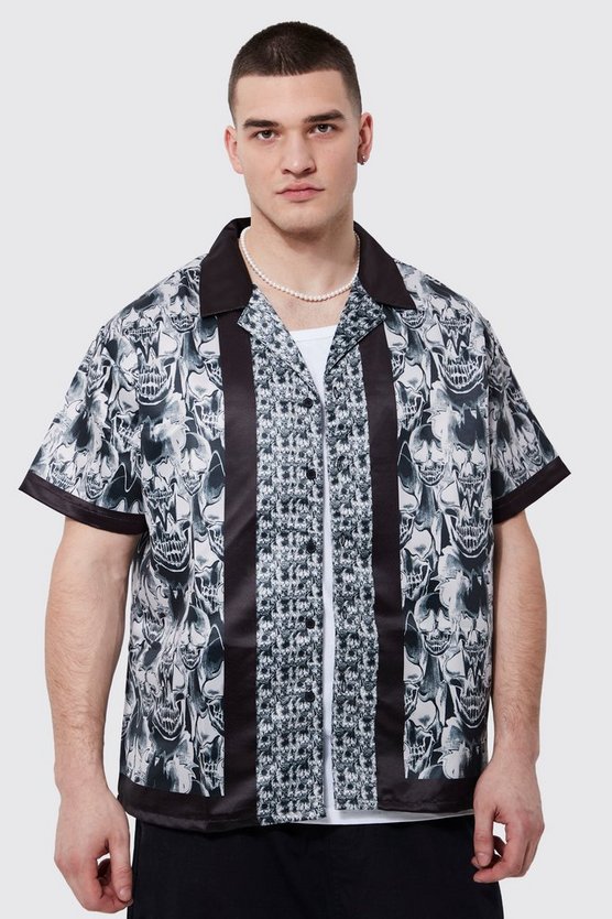 Tall kastiges Satin-Hemd mit Totenkopf-Print