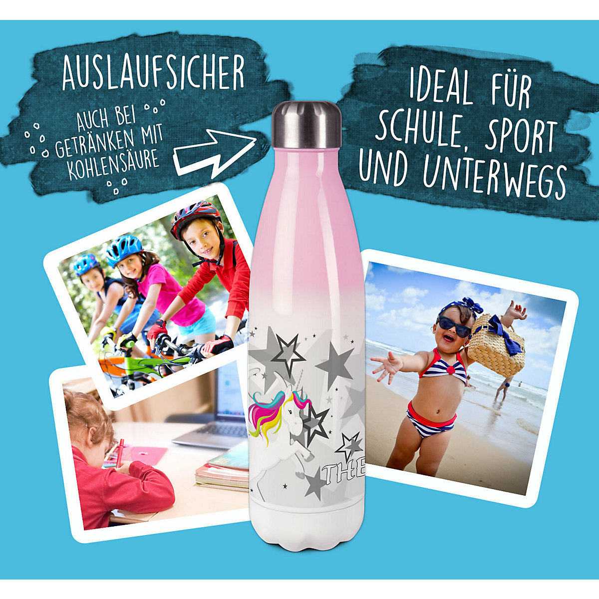 Edelstahl Kinder Thermoflasche / Trinkflasche bunt Pegasus Sterne Farbe grau Spülmaschinenfest, Auslaufsicher, Bruchfest, Doppelwandig, Für Heißgetränke geeignet, Mit Deckel, Isoliert