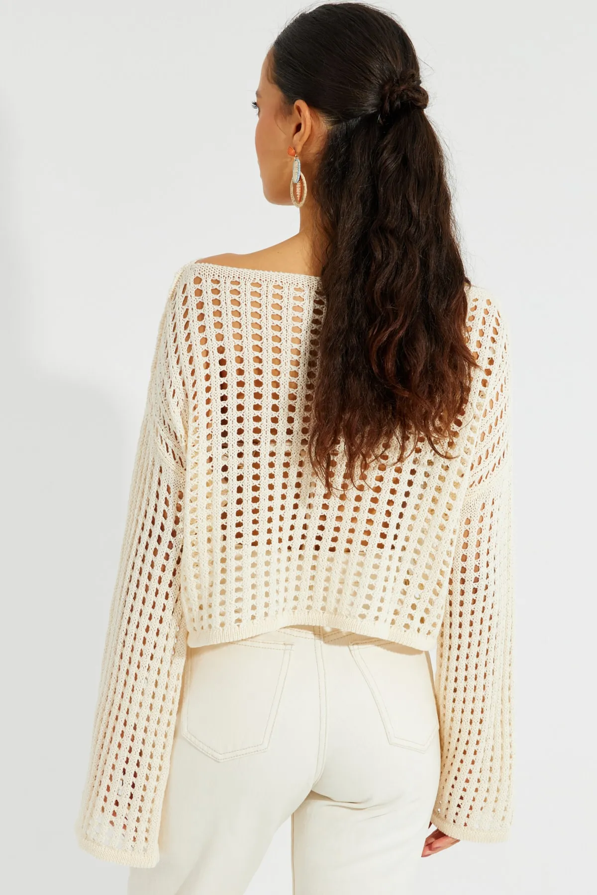 Cool & Sexy  Ecrufarbene, durchbrochene Strick-Kurzbluse mit spanischen Ärmeln für Damen SMT181