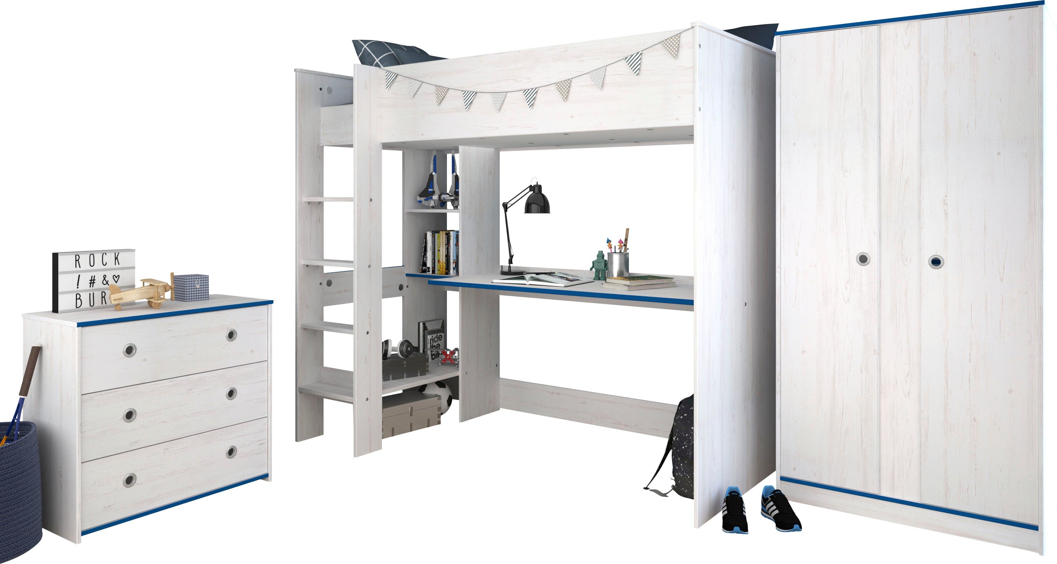 Parisot Jugendzimmer-Set Smoozy, (Set, 3-St., Hochbett mit Schreibtisch, Kleiderschrank und Schubkastenkommode)