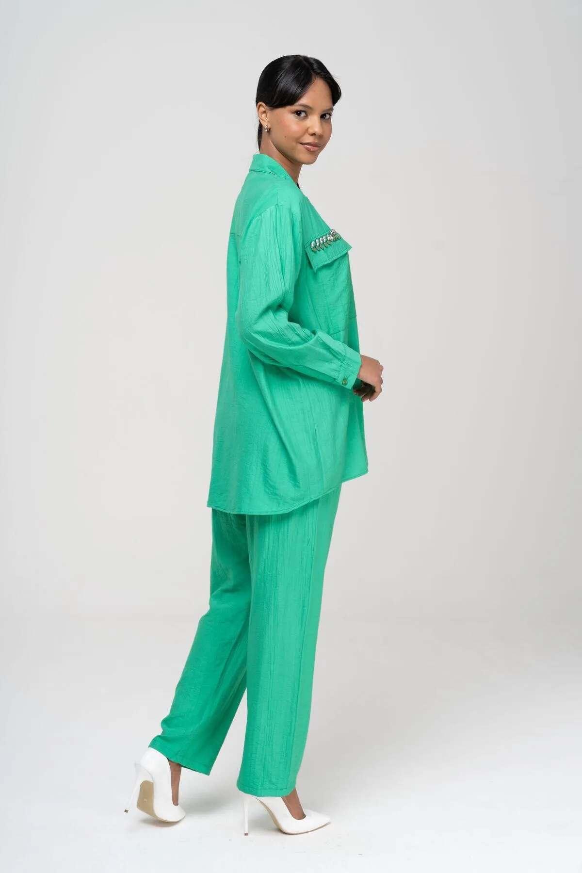 Olcay  Tuniği Hosenset mit elastischer Taille und Steindetail GRÜN 9222-TK