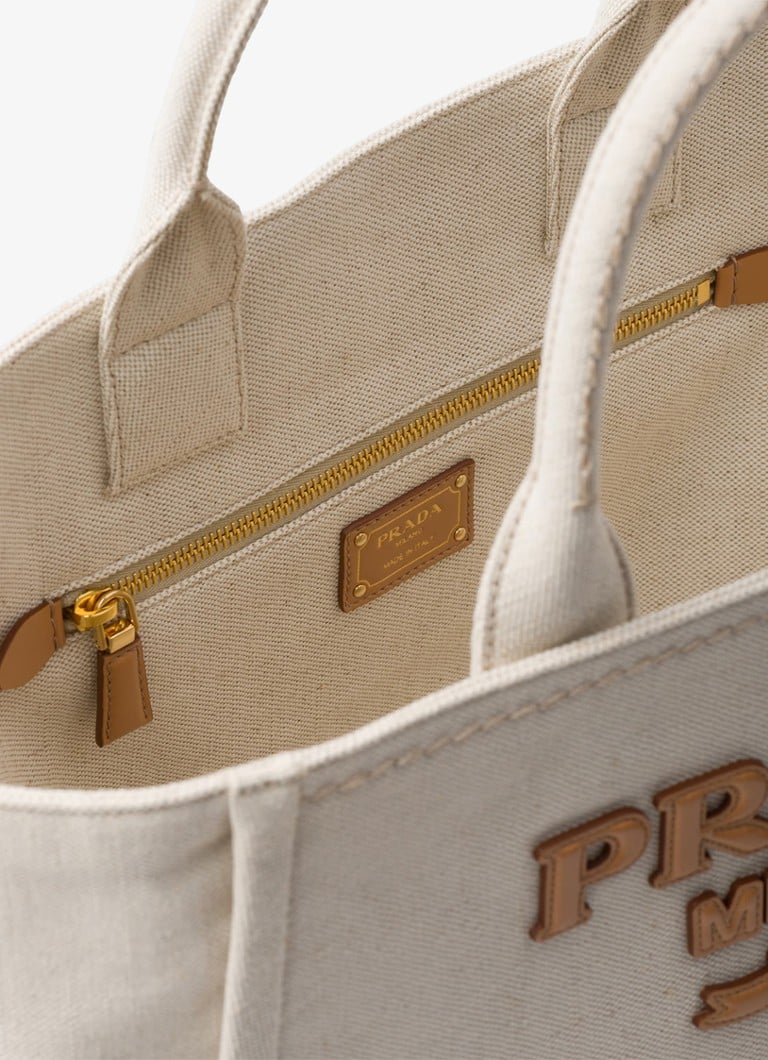 Prada Large shopper in linen blend with leather details