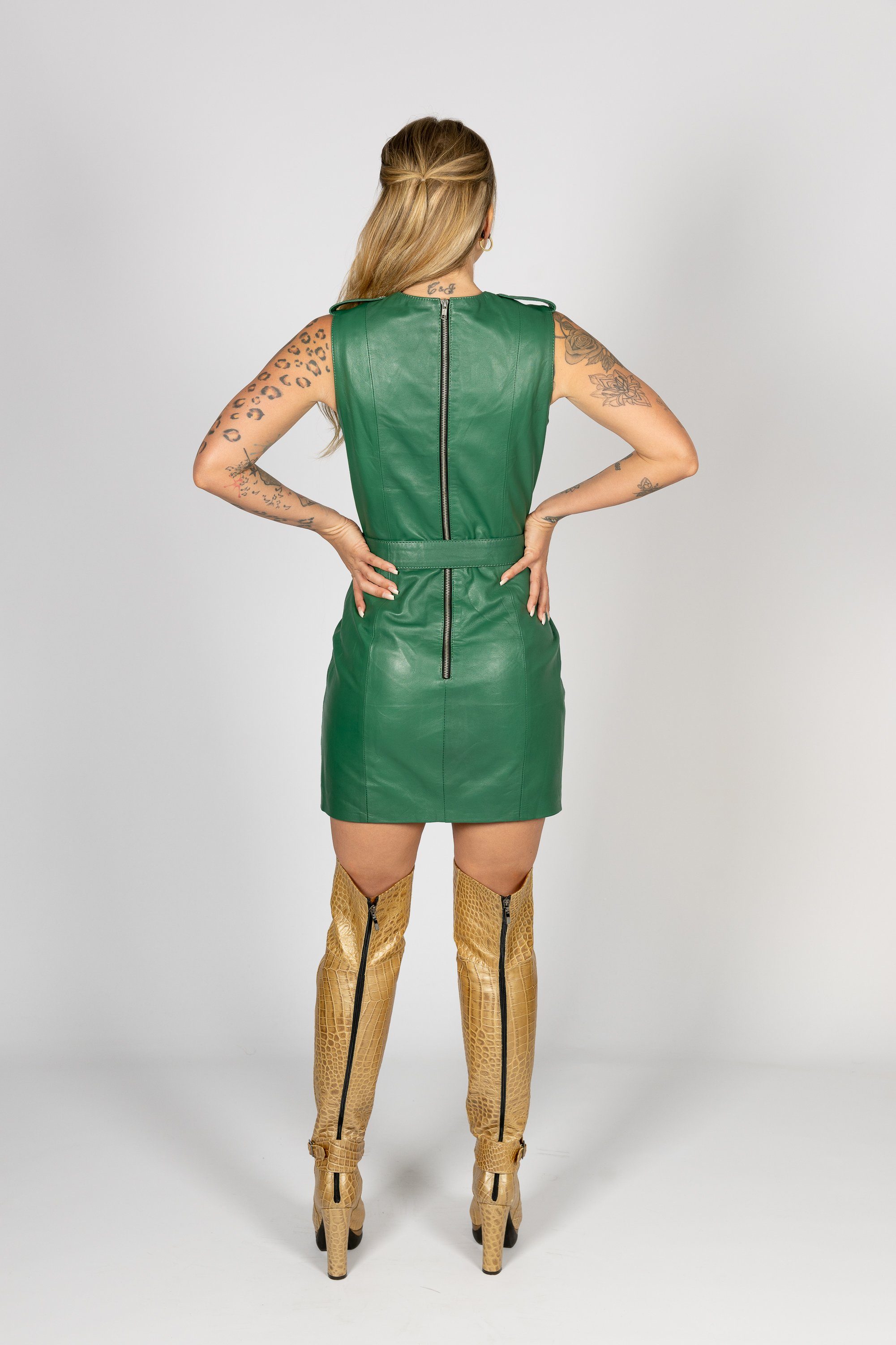 Be Noble Lederkleid Beverly Hills grün Sportliches grünes Lederkleid mit Cargotaschen aus Lammnappa