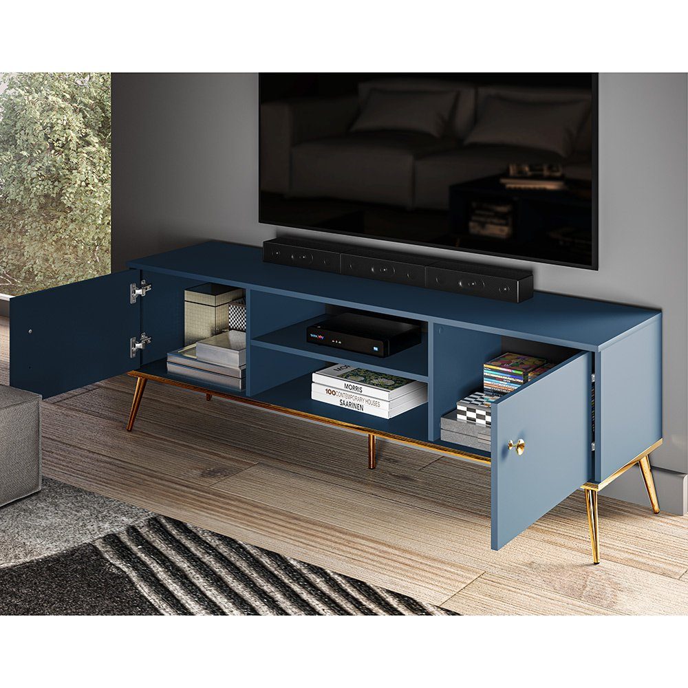 Lomadox Wohnwand MONTPELLIER-131, (4-St., 4-tlg), dunkelblau, LED-Beleuchtung, Füße & Griffe goldfarben, mit Couchtisch