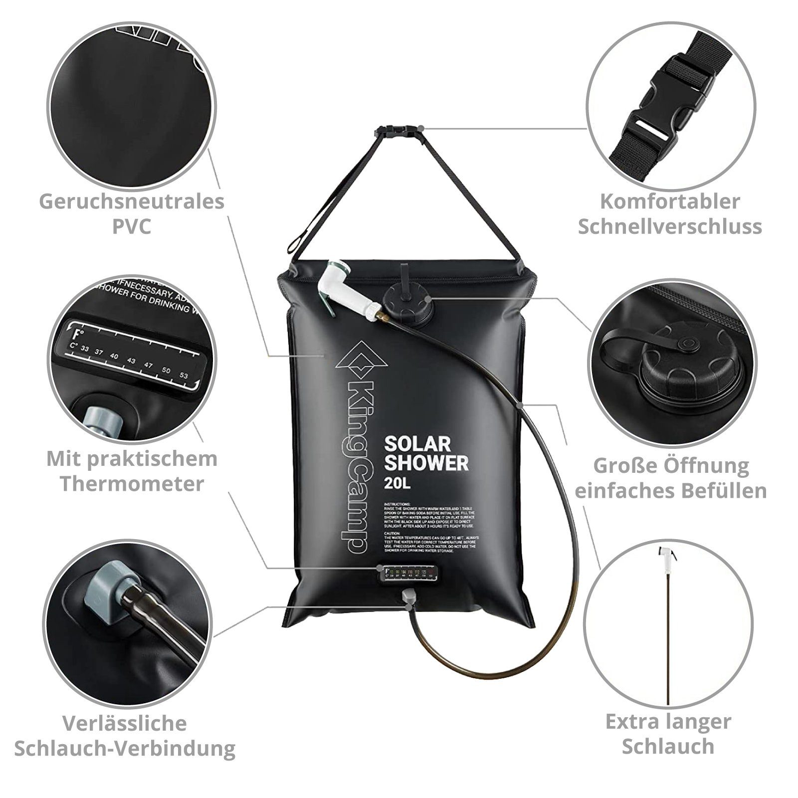 KingCamp Solardusche Solardusche Camping Outdoor Reise Dusche, Thermometer Solar Shower 20 L