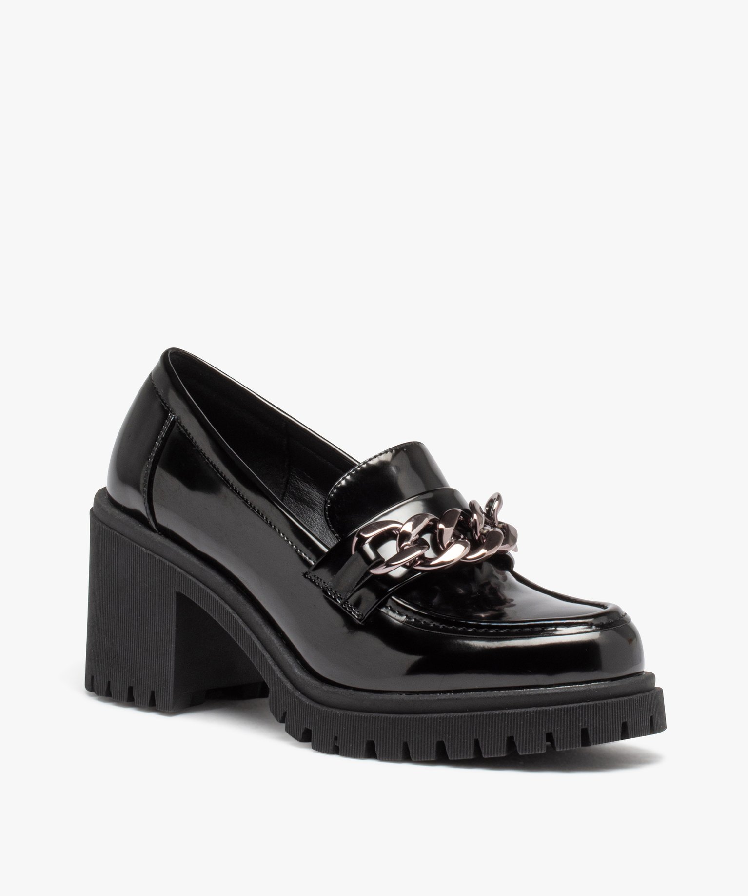 Mocassins femme unis dessus vernis avec talon carré et seme... noir | GEMO