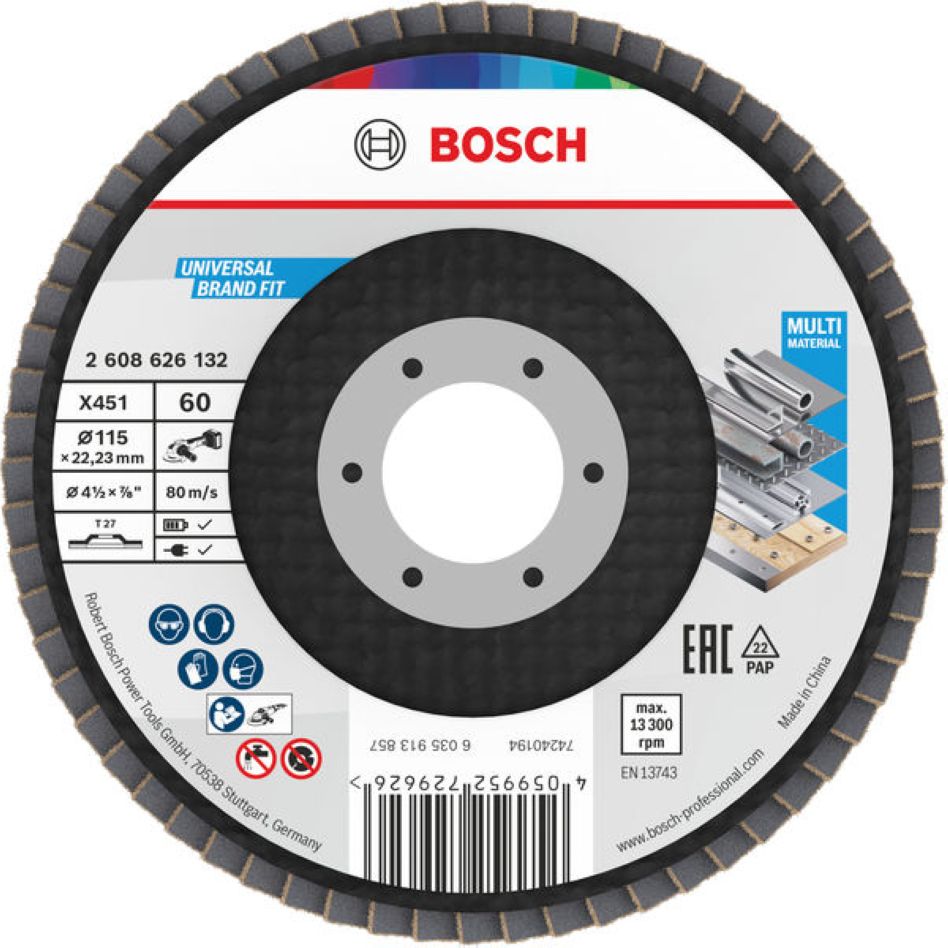 Bosch Blue Zubehör 2608626132 Lamellenschleifscheibe X451 Multi Material Ø115 mm Körnung 60 gerade Ausführung