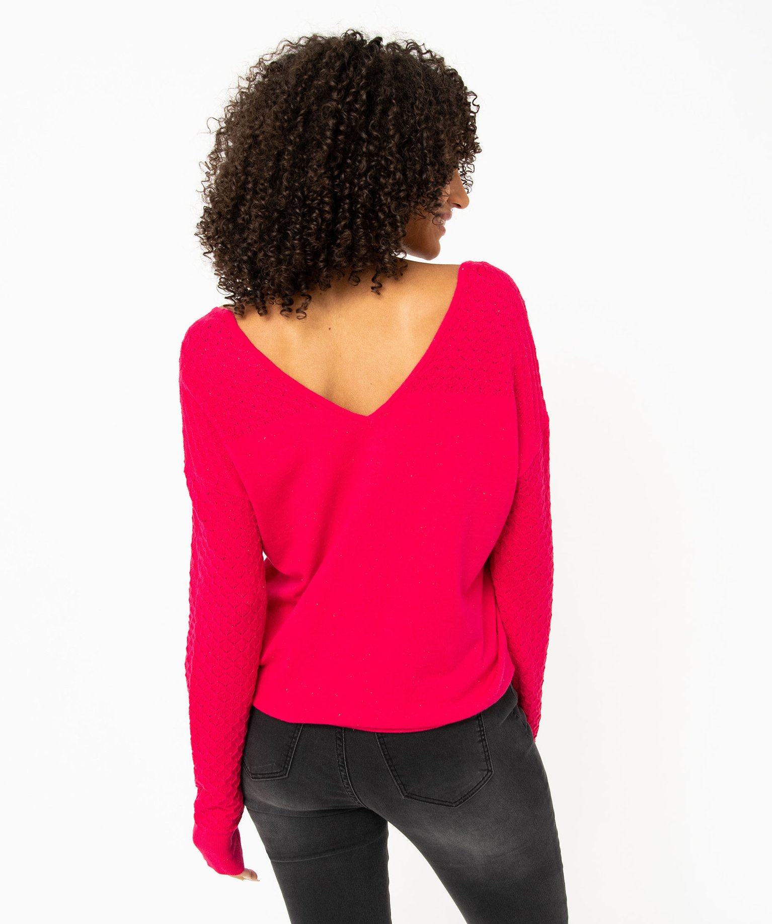 Pull avec double col V et manches fantaisie femme rose | GEMO