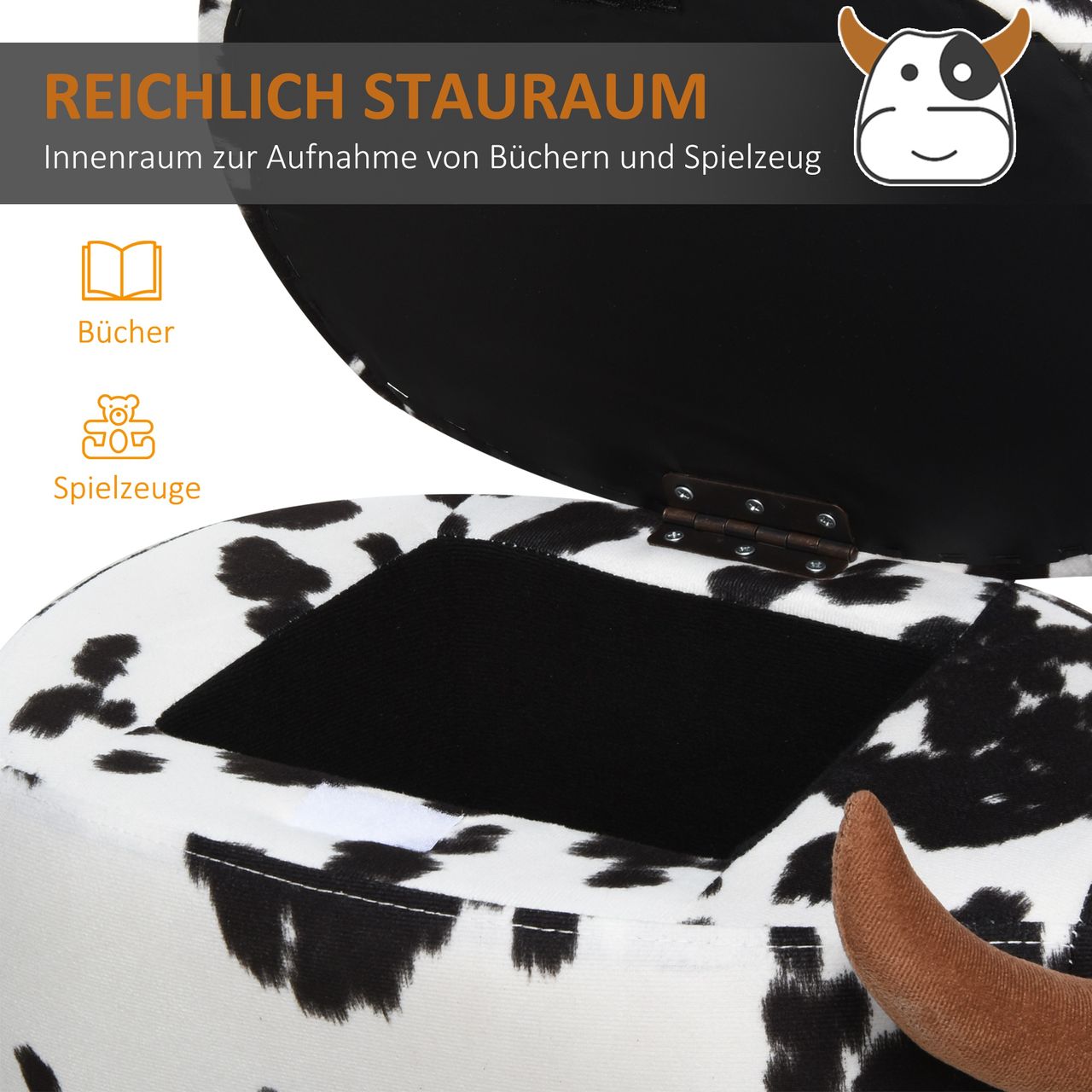 HOMCOM Tierhocker, Dekohocker mit Stauraum, Polsterhocker, Sitzhocker, Sitzbank mit Tier-Design, für Wohnzimmer, Schweinchen Fußbank, Schwarz Weiß, 62 x 35 x 36 cm