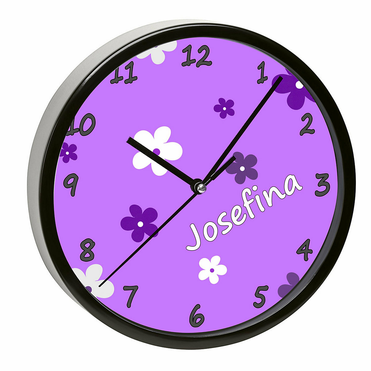 Kinder Wanduhr personalisiert mit Name Blumenranke Lila