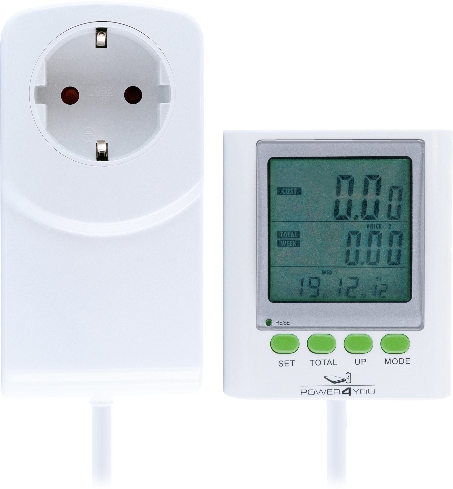 Schwaiger Energiekostenmessgerät 661576, 3-zeiliges Display, Zwischenstecker, Anzeige von Stromstärke, Spannung, Leustung, Stromkosten
