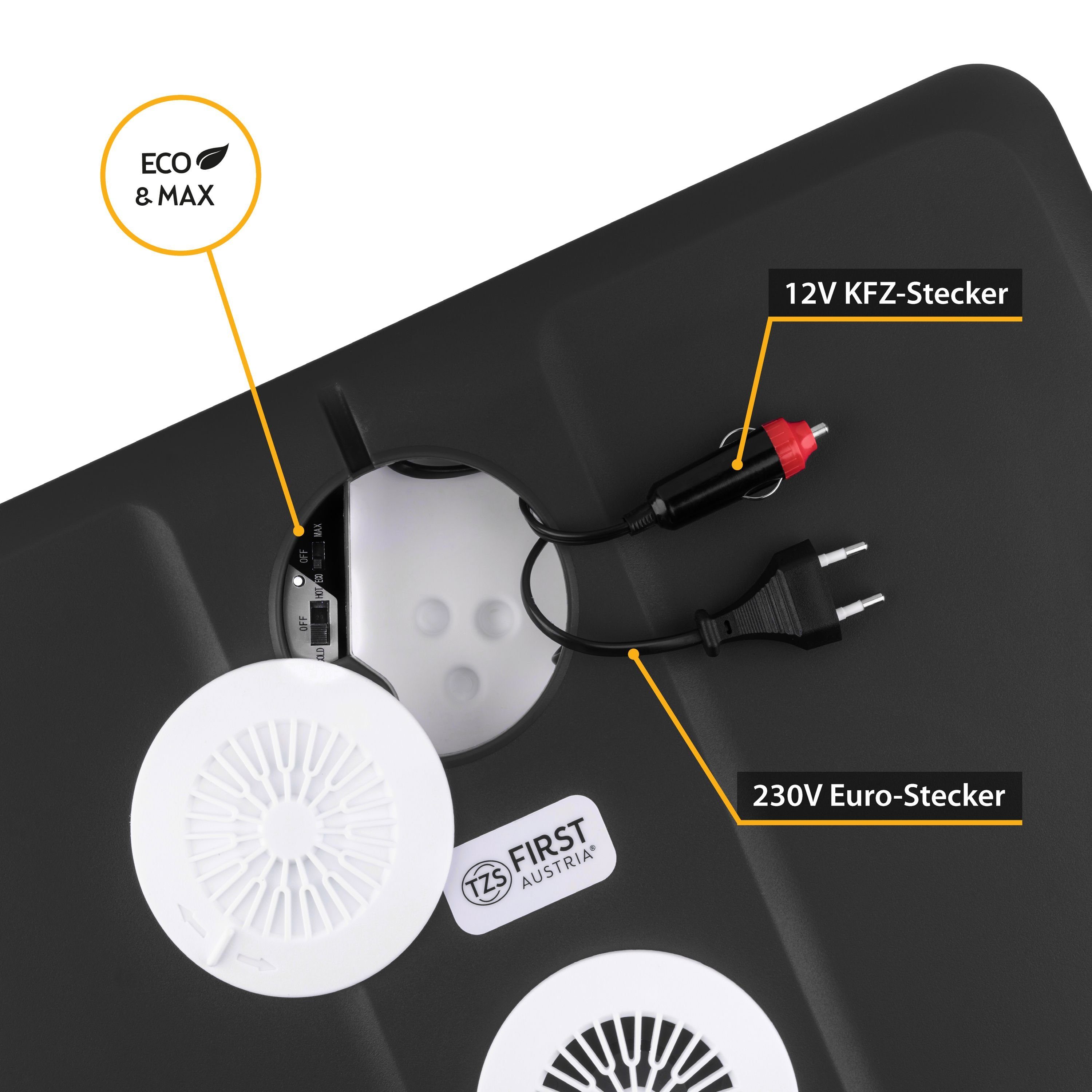 TZS FIRST AUSTRIA Elektrische Kühlbox elektrische Kühlbox, 45L, 12V /230V Anschluss, 12-V-Stecker fürs Auto, für Camping, Festivals, Reisen, mit Kühl- und Warmhaltefunktion