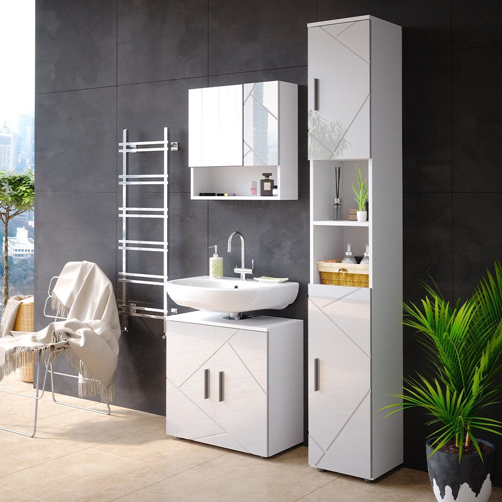 Vicco Badmöbel-Set Badezimmerset IRMA Weiß Hochglanz Set 3, (3-er Set, 3-St., 3-er Set)