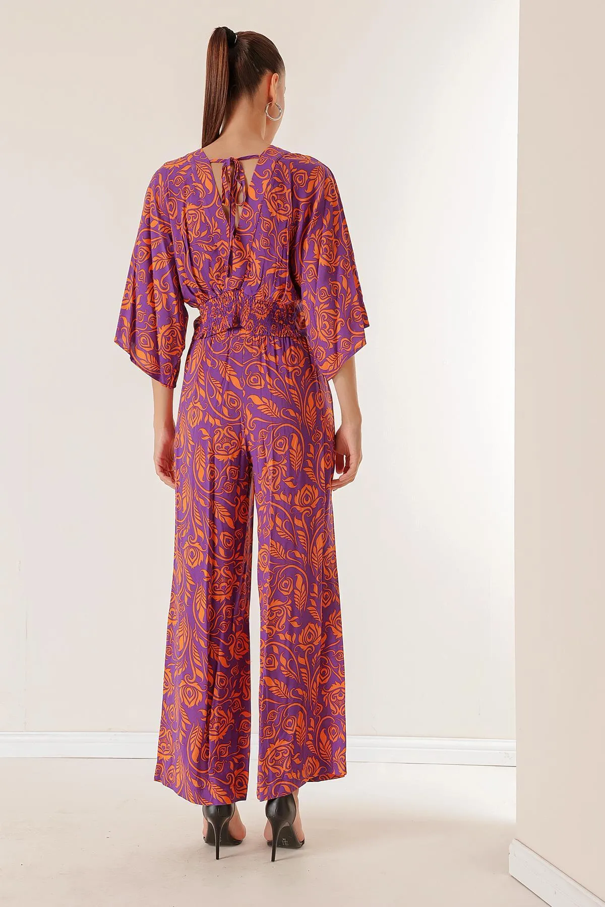 By Saygı  Vorne und hinten V-Ausschnitt, Fledermausärmel, Bluse, elastische Taille, Tasche, Palazzo-Hose, Blattmuster, 2-teiliges Set