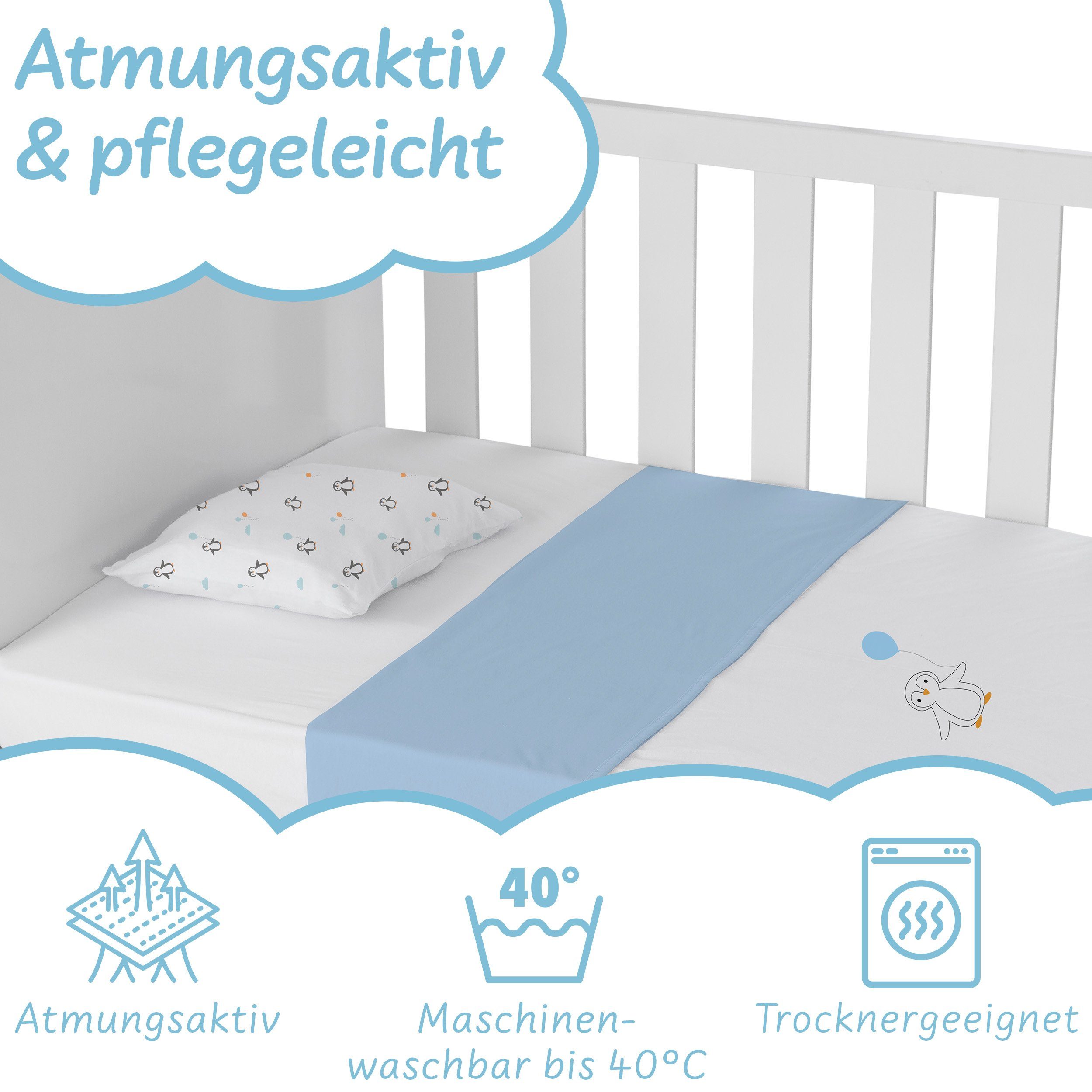 Kinderbettwäsche Pinguin, Koru Kids, mit gesticktem Motiv - 100% Baumwolle