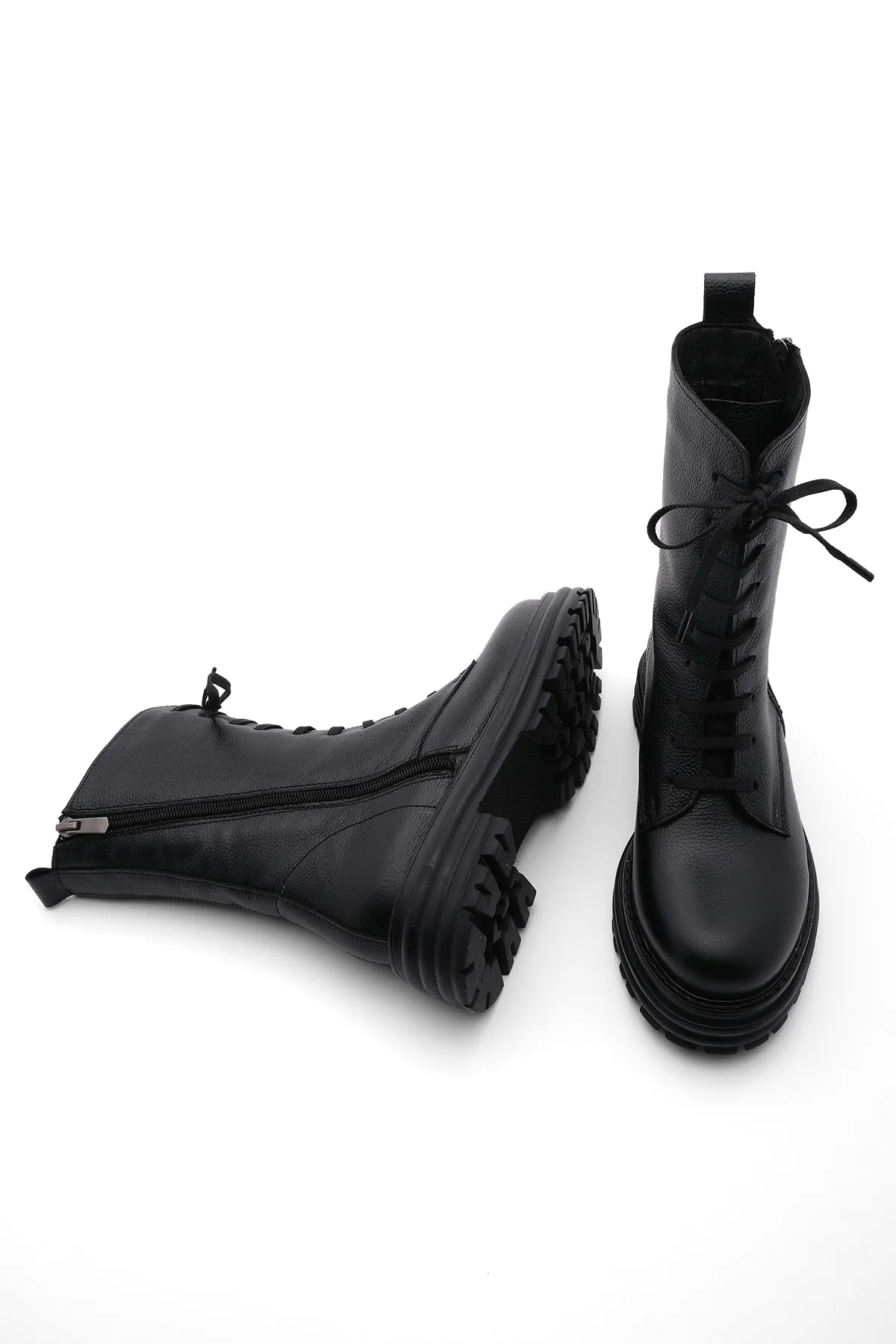 Marjin  Damenstiefel aus echtem Leder mit Reißverschluss und Schnürung, dicke Sohle, Alltagsstiefel Viles Schwarz
