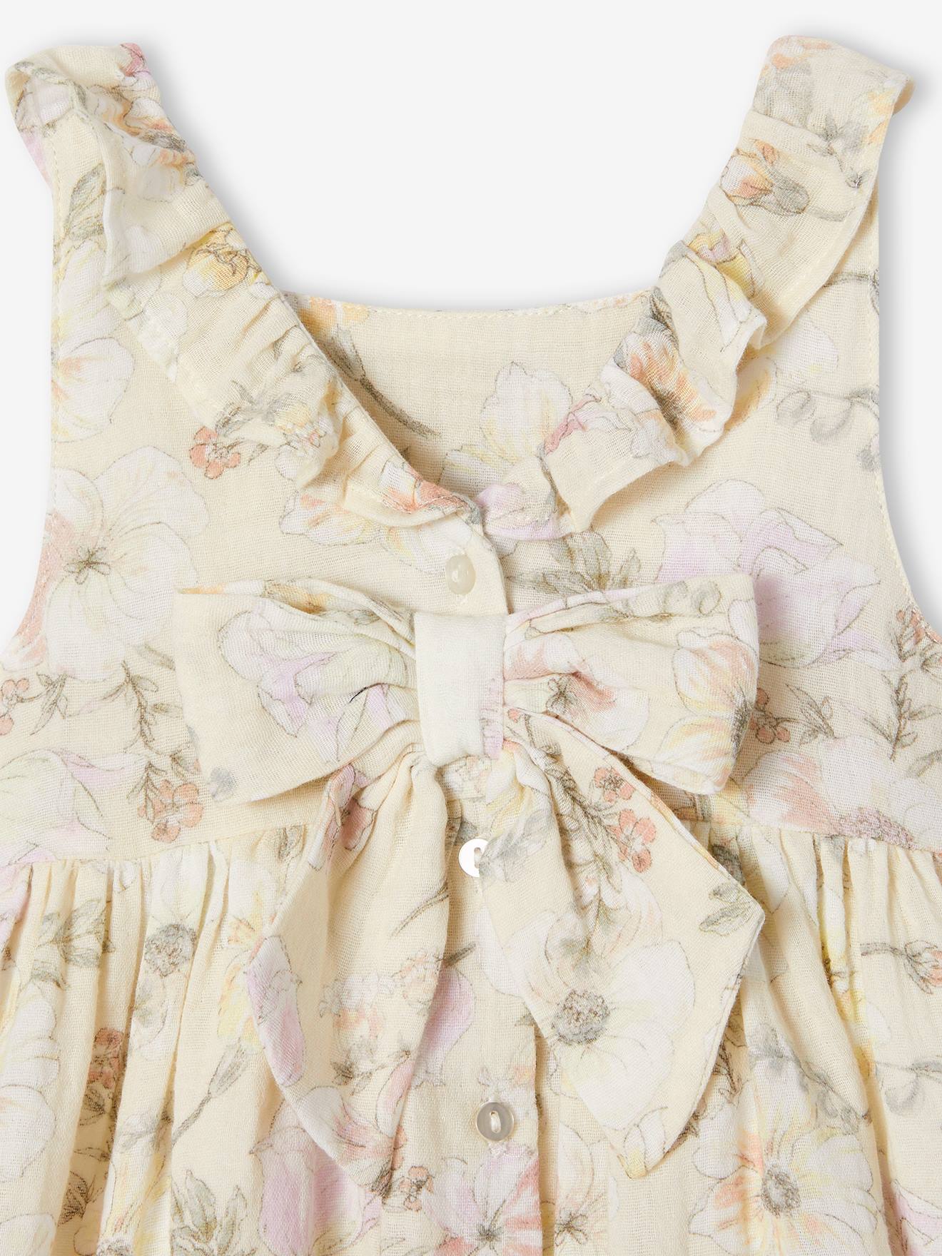 Robe fleurie bébé en gaze de coton écru