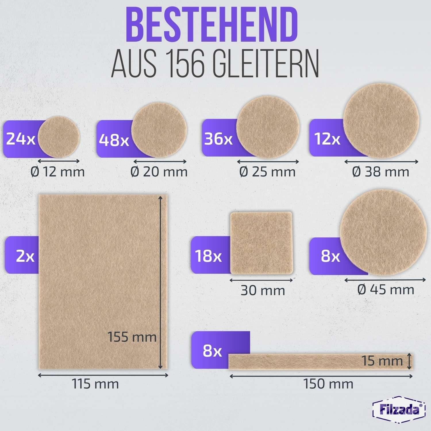 Filzada Filzgleiter Filzgleiter 156 St Selbstklebend Set Möbelgleiter Filz Rund Eckig