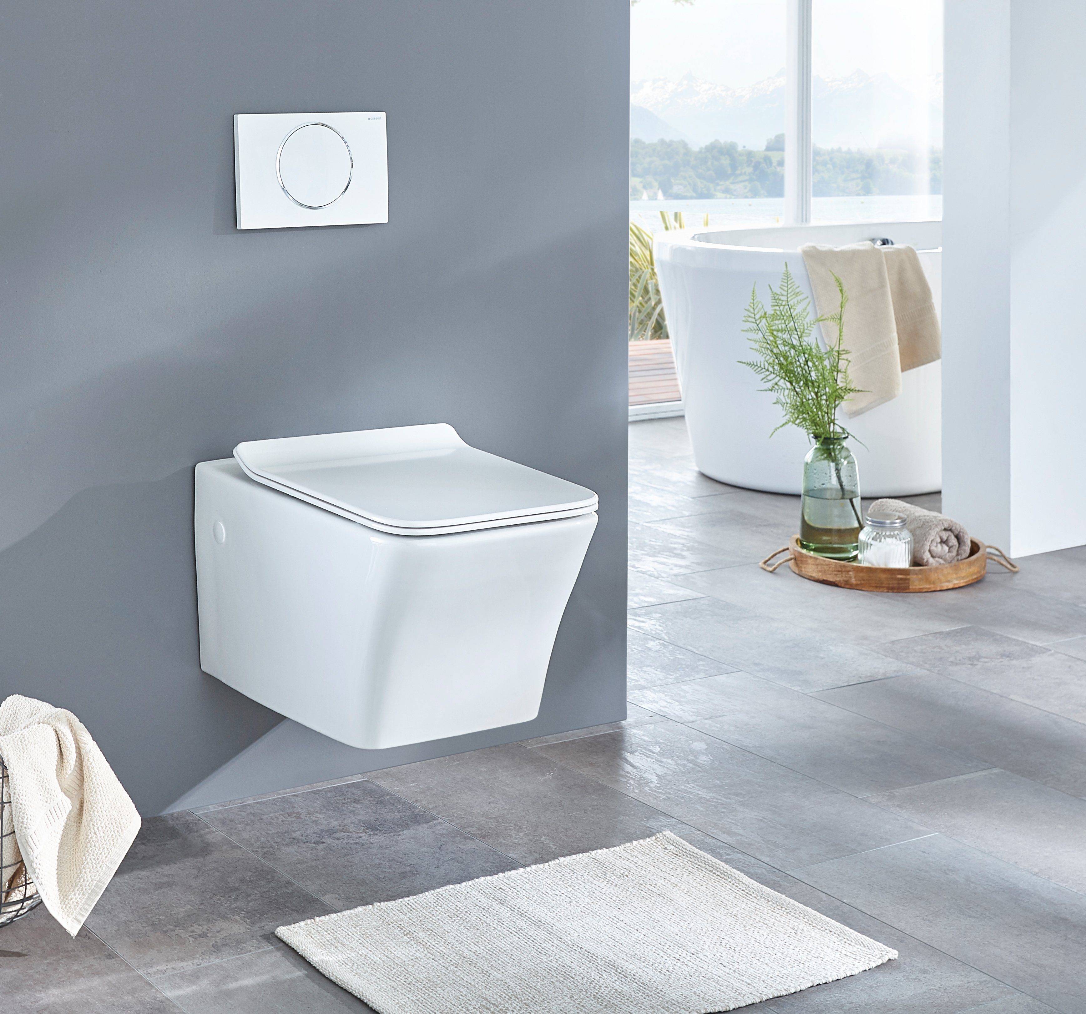 welltime Tiefspül-WC Trento eckig, wandhängend, Spülrandloses Tiefspül-WC, inkl. ToilettenSitz mit Softclose.