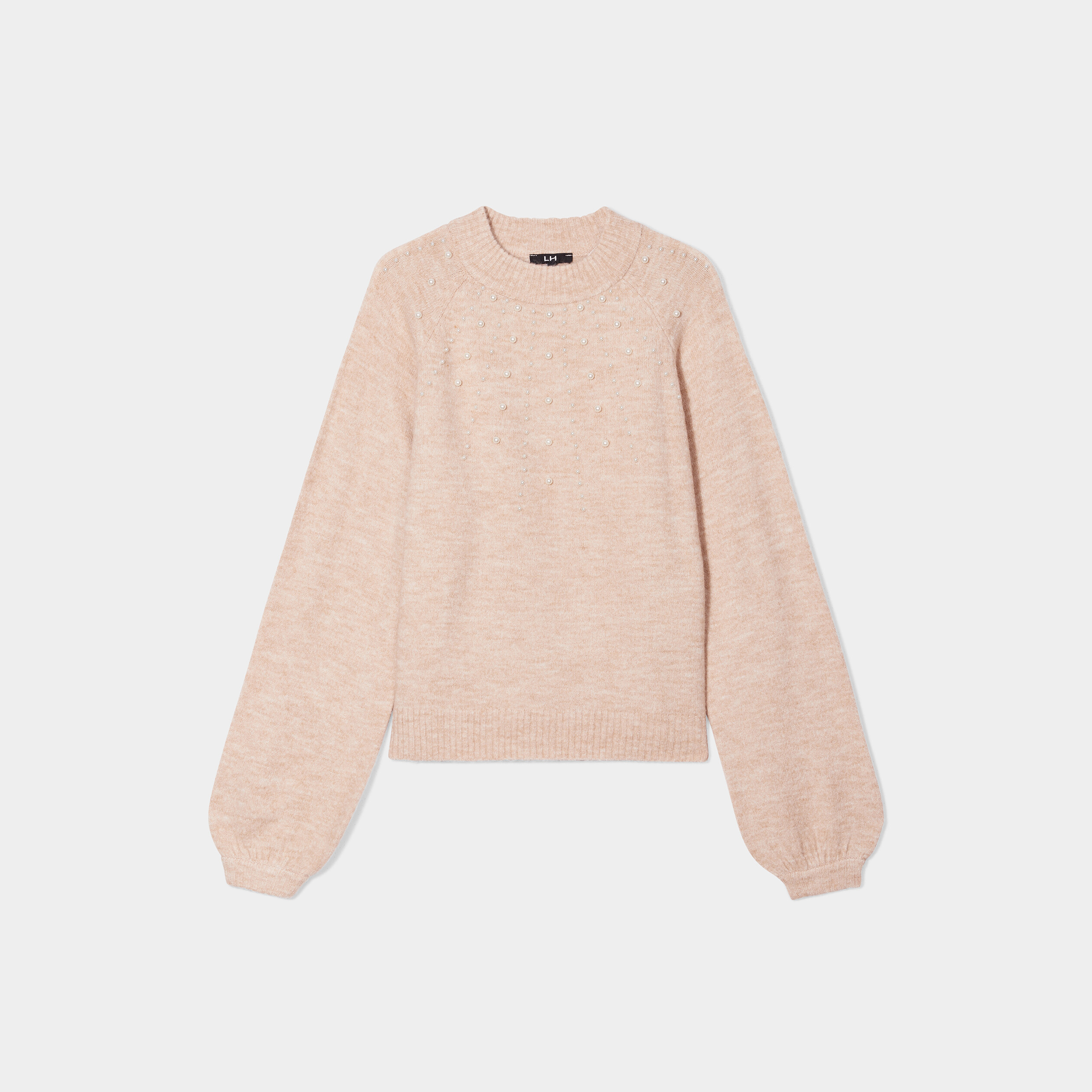 Pull avec perles et manches ballons beige femme | La Halle