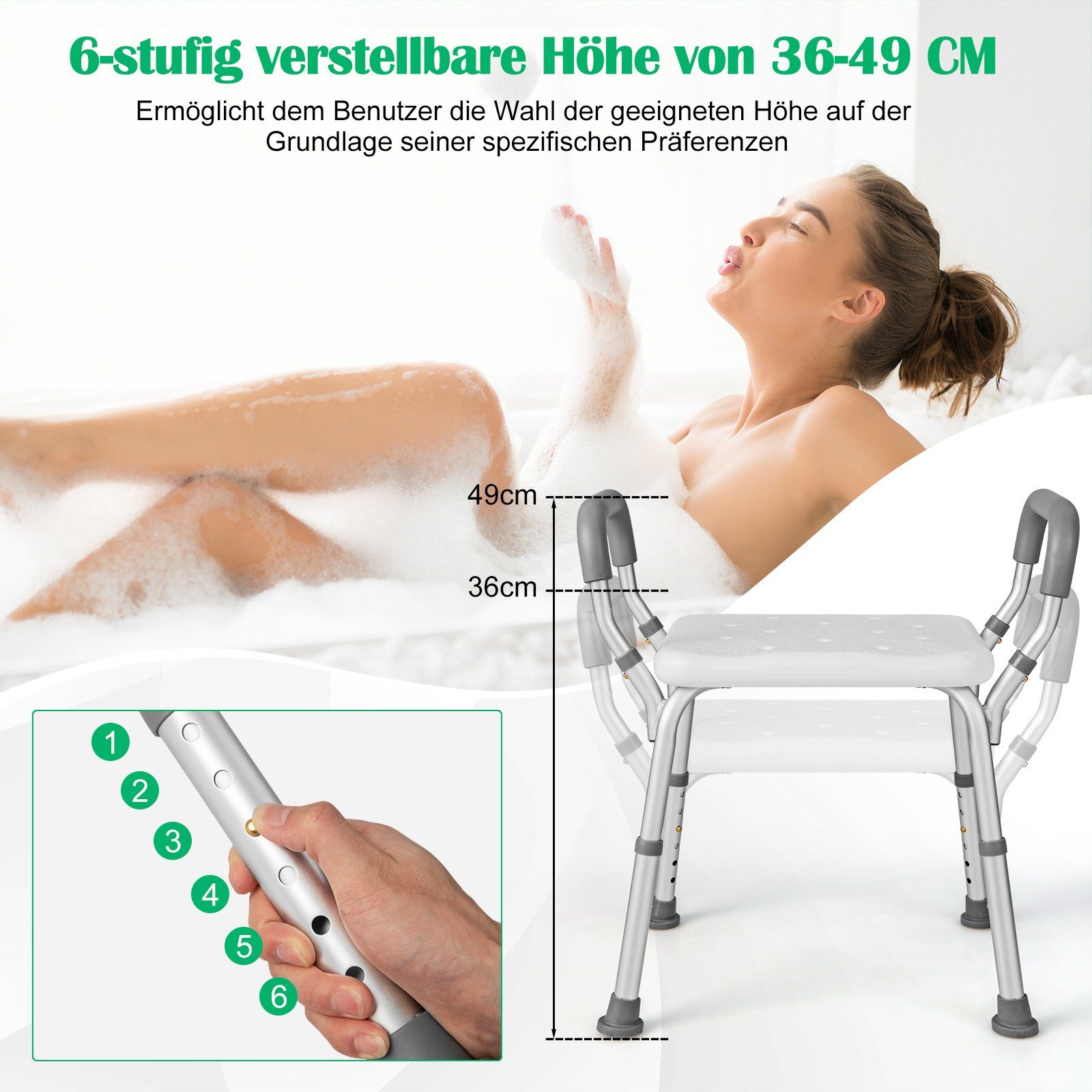 COSTWAY Duschhocker Badhocker, belastbar bis 100,00 kg, höhenverstellbar, mit Armlehnen