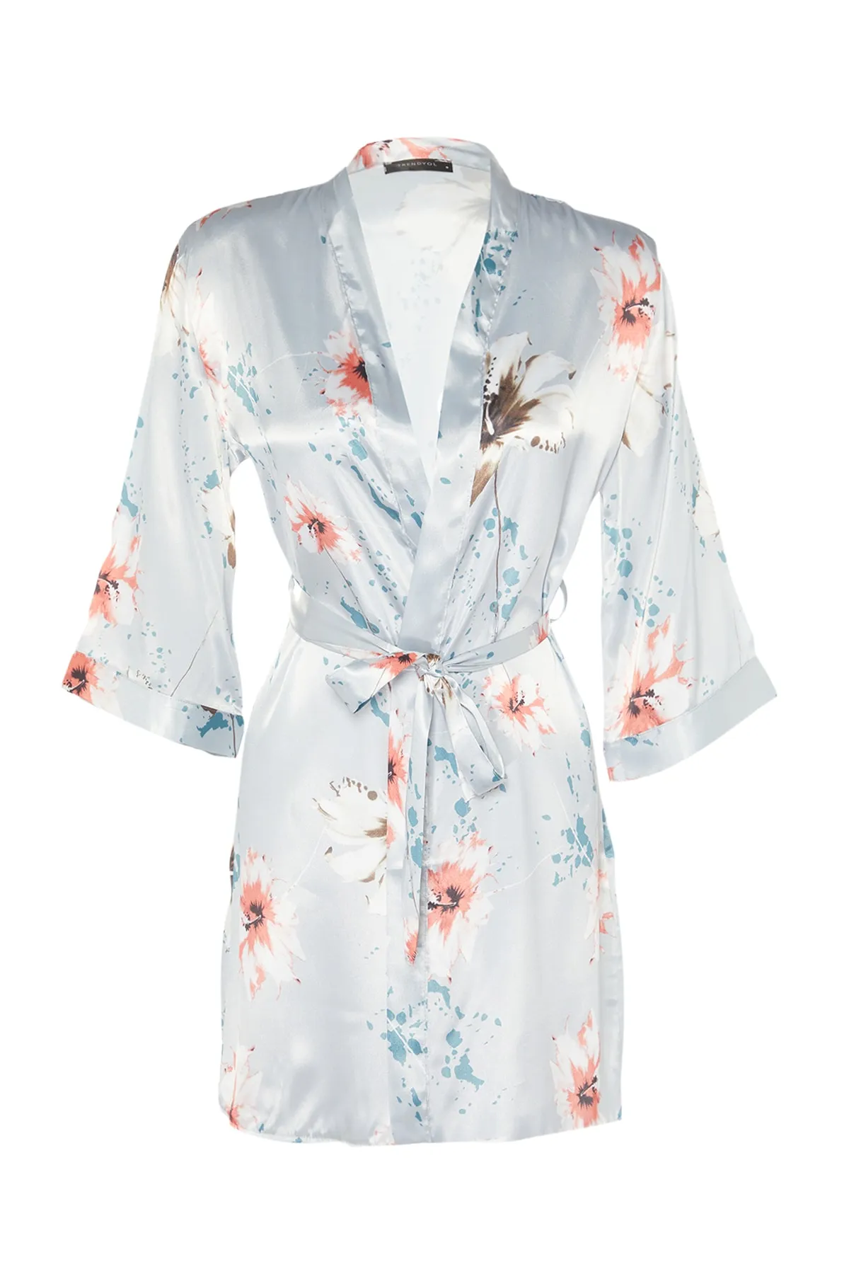 Trendyol Collection  Grauer Morgenmantel aus gewebtem Satin mit Blumenmuster und Gürtel THMSS21SB0005