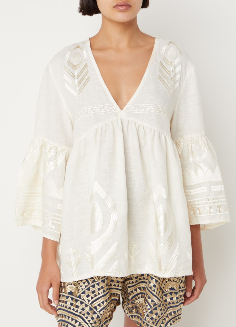 Greek Archaic Kori Linen tunic with embroidery and trumpet sleeves