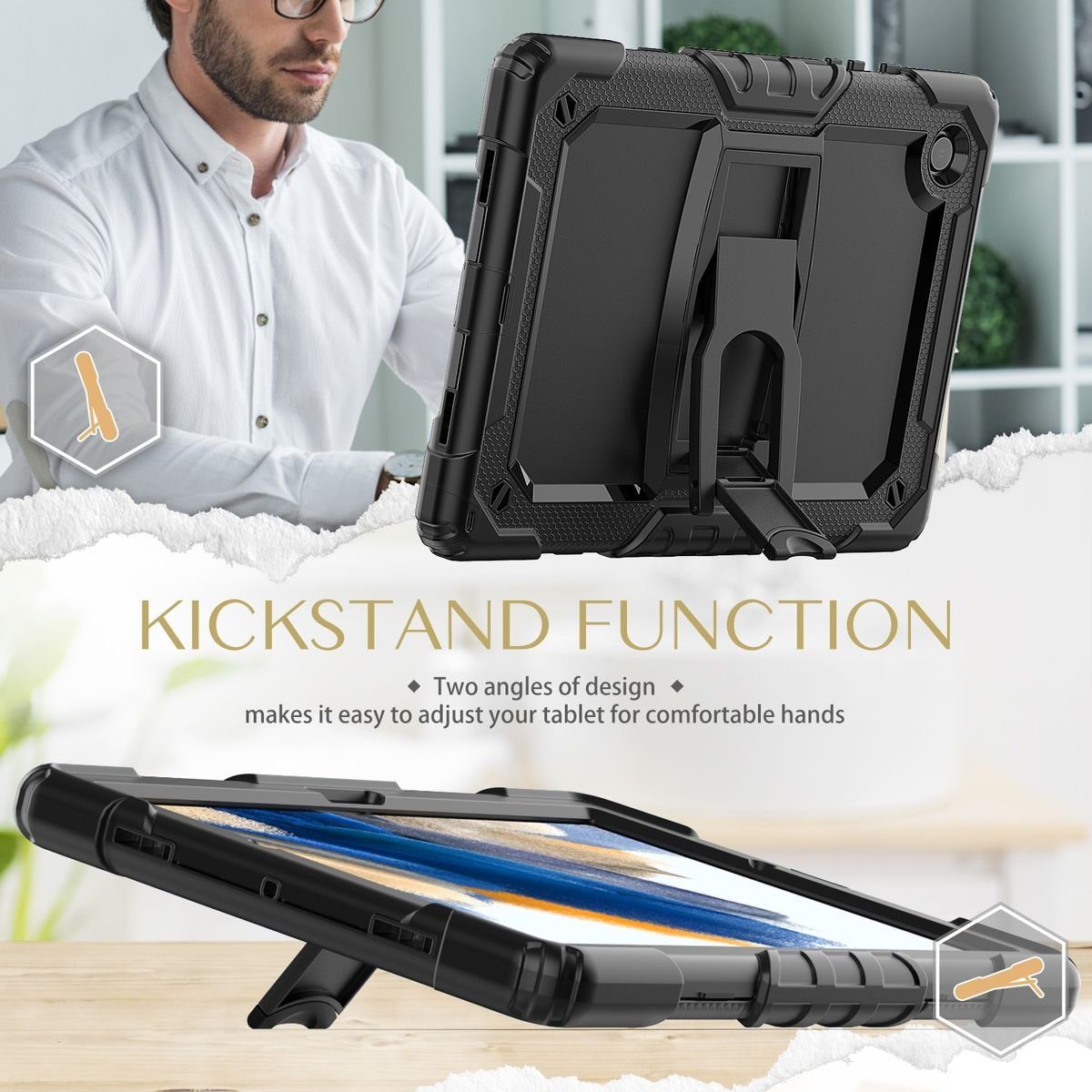Wigento Tablet-Hülle Für Samsung Galaxy Tab A8 10.5 2021 X200 / X205 aufstellbare Outdoor Hybrid Schwarz mit Trage Gurt Tablet Tasche Etuis Cover Case Schutz Robust Neu