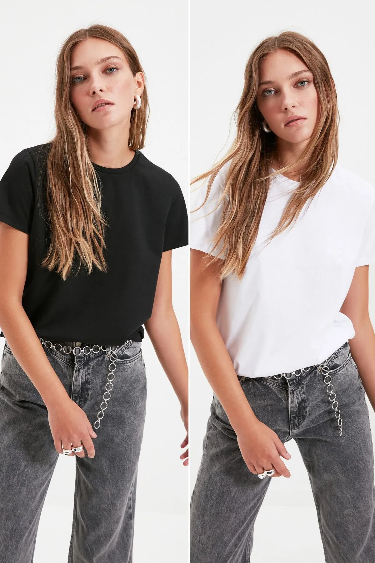 Trendyol Collection  Mehrfarbiges 2er-Pack Strick-T-Shirts aus 100 % Baumwolle, Single-Jersey, Rundhalsausschnitt, TWOSS20TS0141