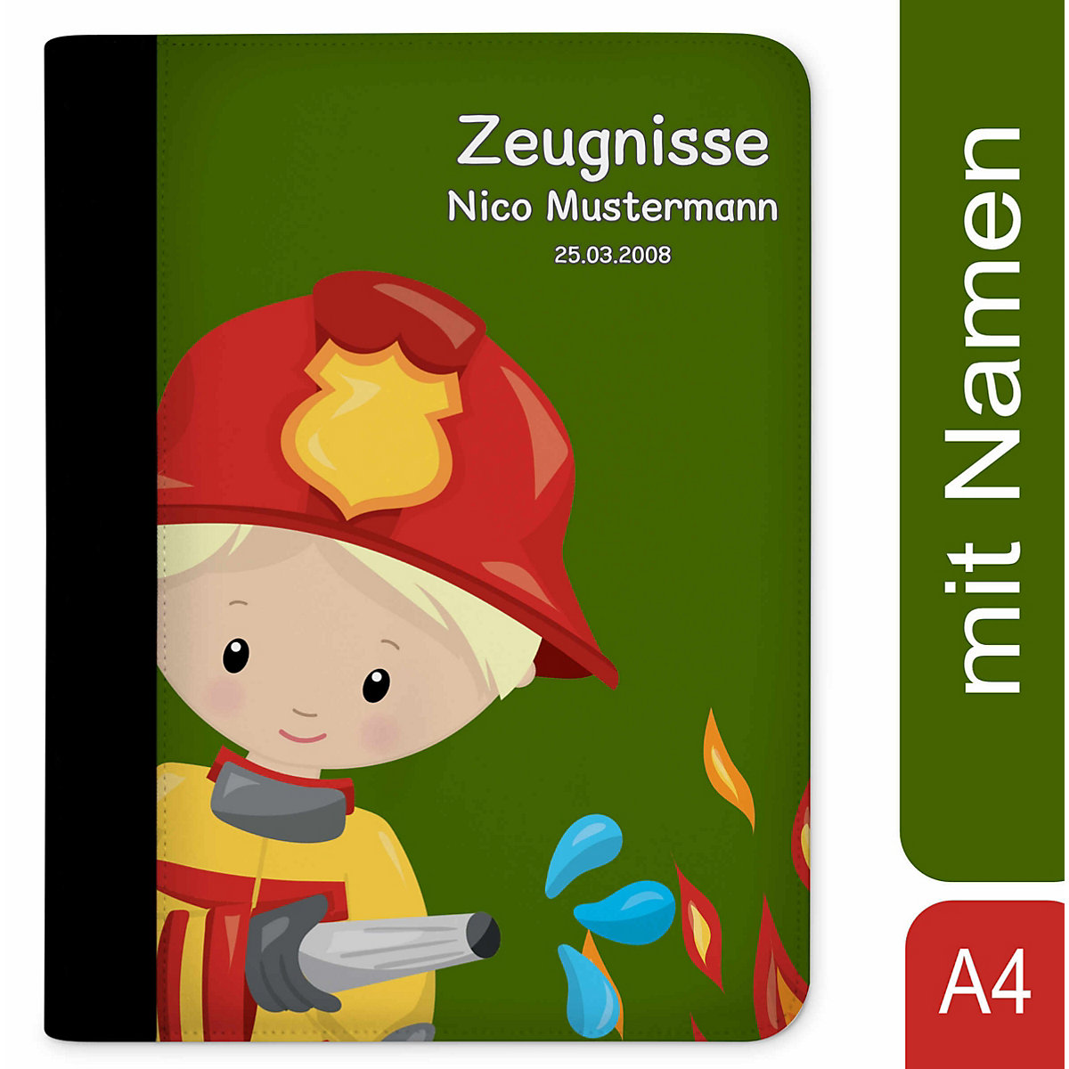 Zeugnismappe / Dokumentemappe mit Name personalisiert Feuerwehrmann Grün
