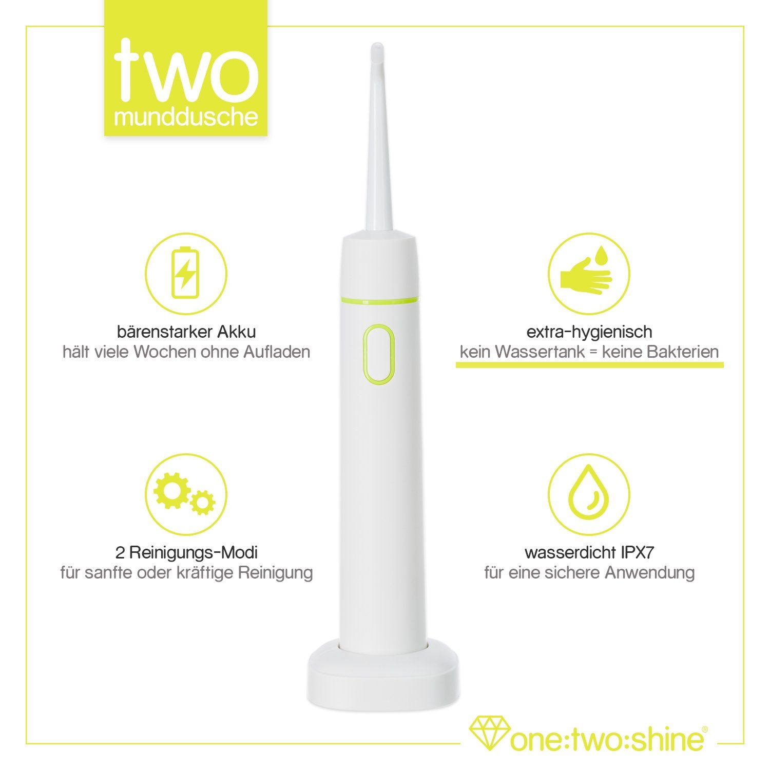 one:two:shine Reise-Munddusche TWO, klein, leicht, kabellos & elektrisch für Urlaub & Reise, mit, Aufsätze: 3 St., zur effektiven Zahnzwischenraumreinigung