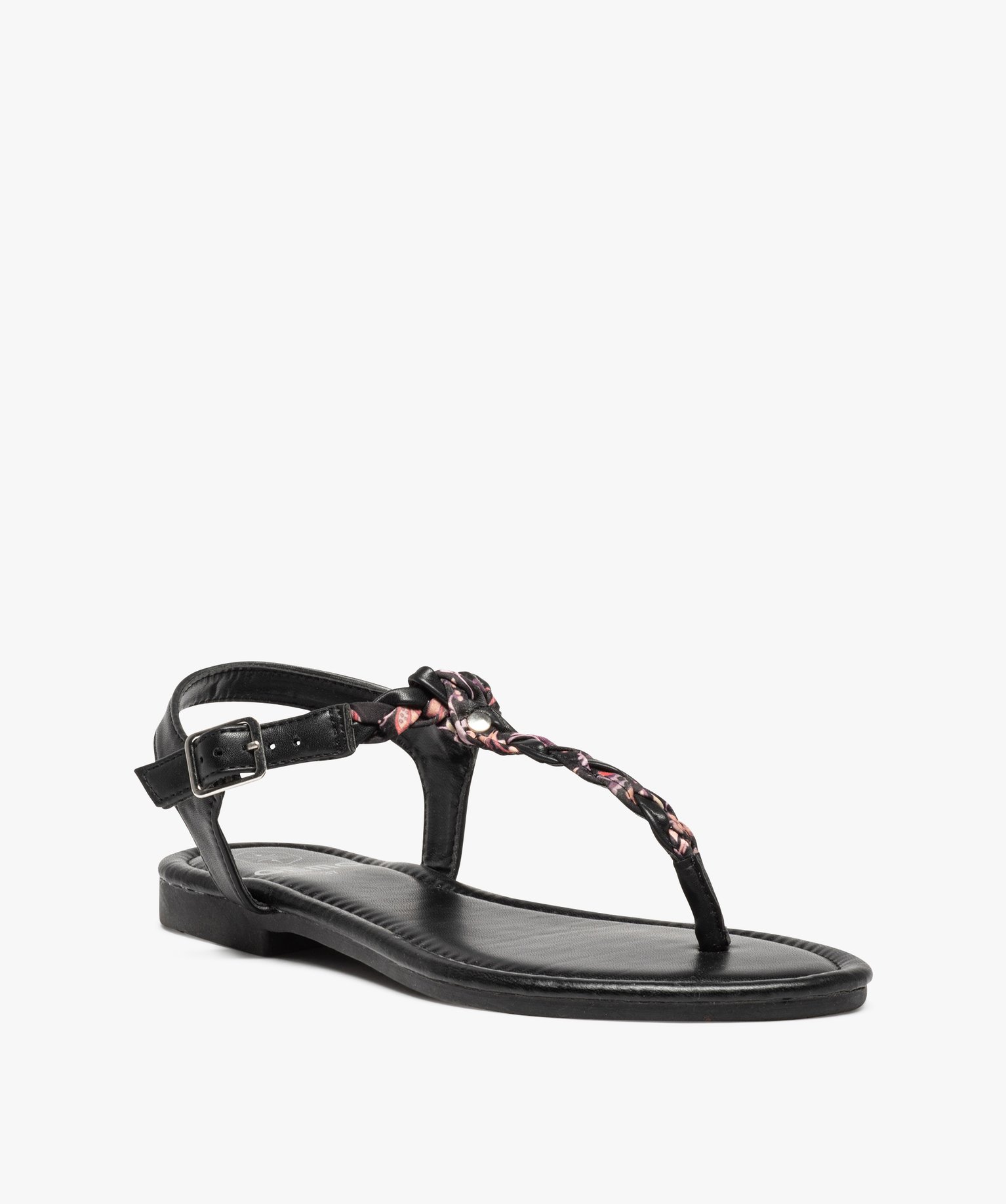 Sandales femme à talon plat et entre-doigts tressé noir | GEMO