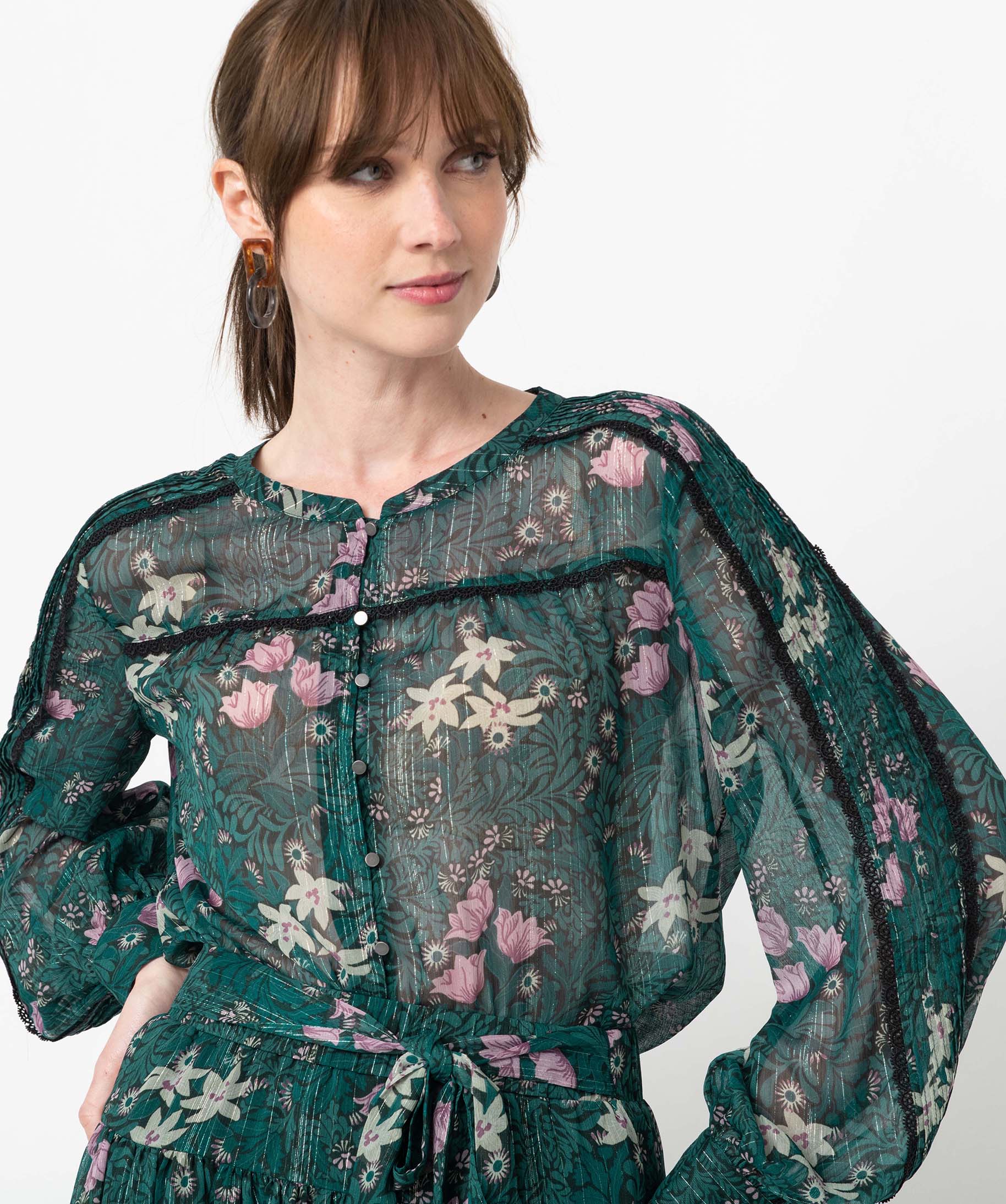 Blouse femme en voile à manches longues imprime | GEMO