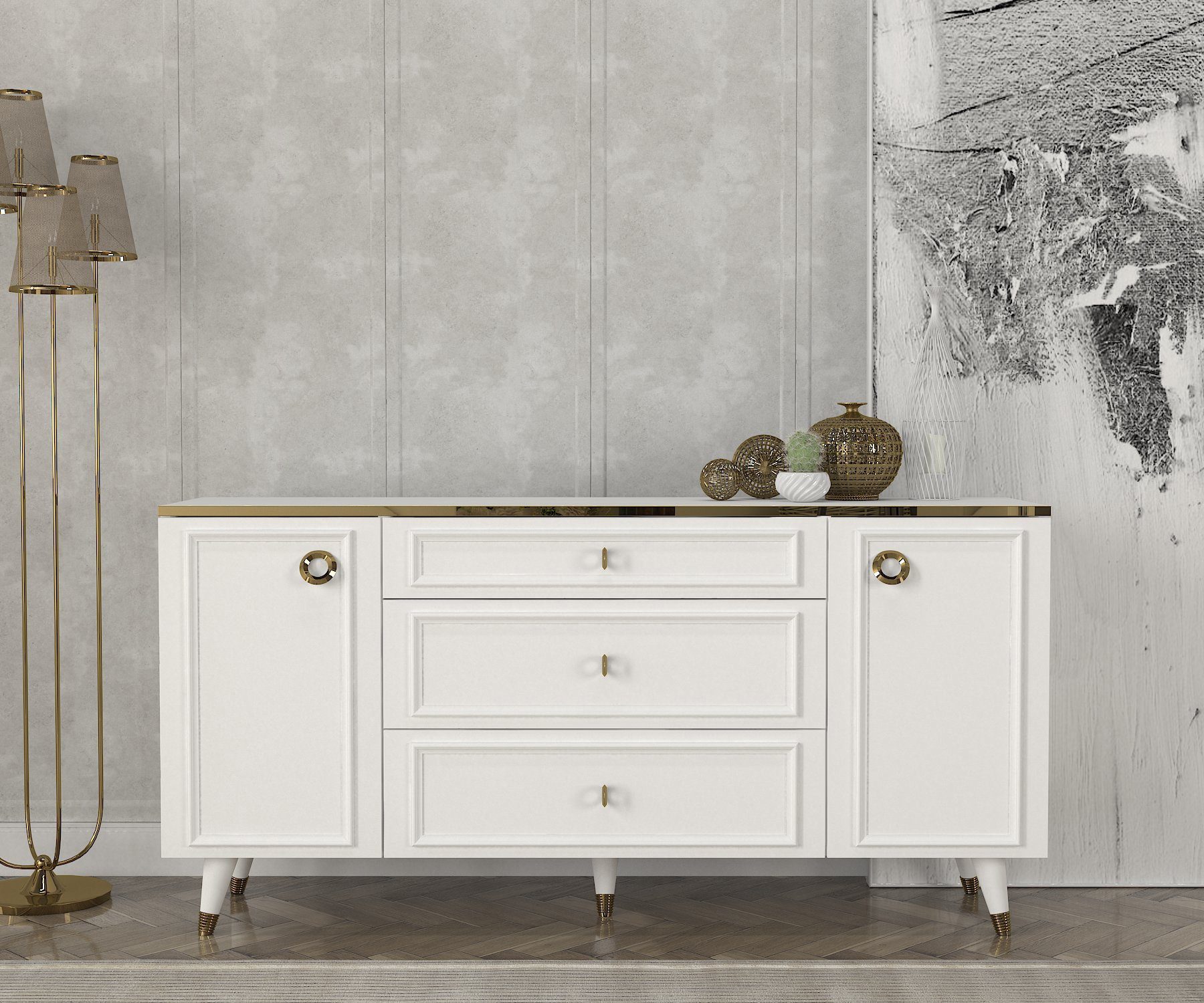 moebel17 Anrichte Sideboard Cornelia Weiß, Pflegeleichte Oberfläche, Sideboard mit Spiegel, Bietet viel Stauraum