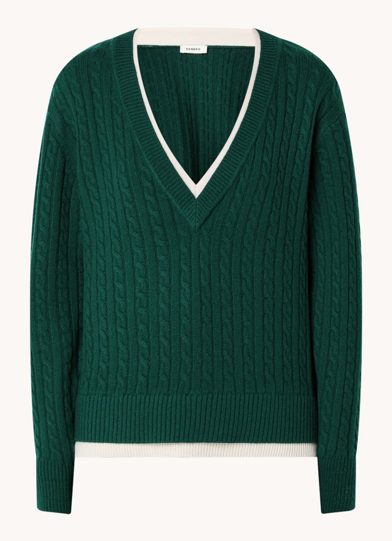 Sandro Cable-knit sweater in cashmere wool blend with V-neck