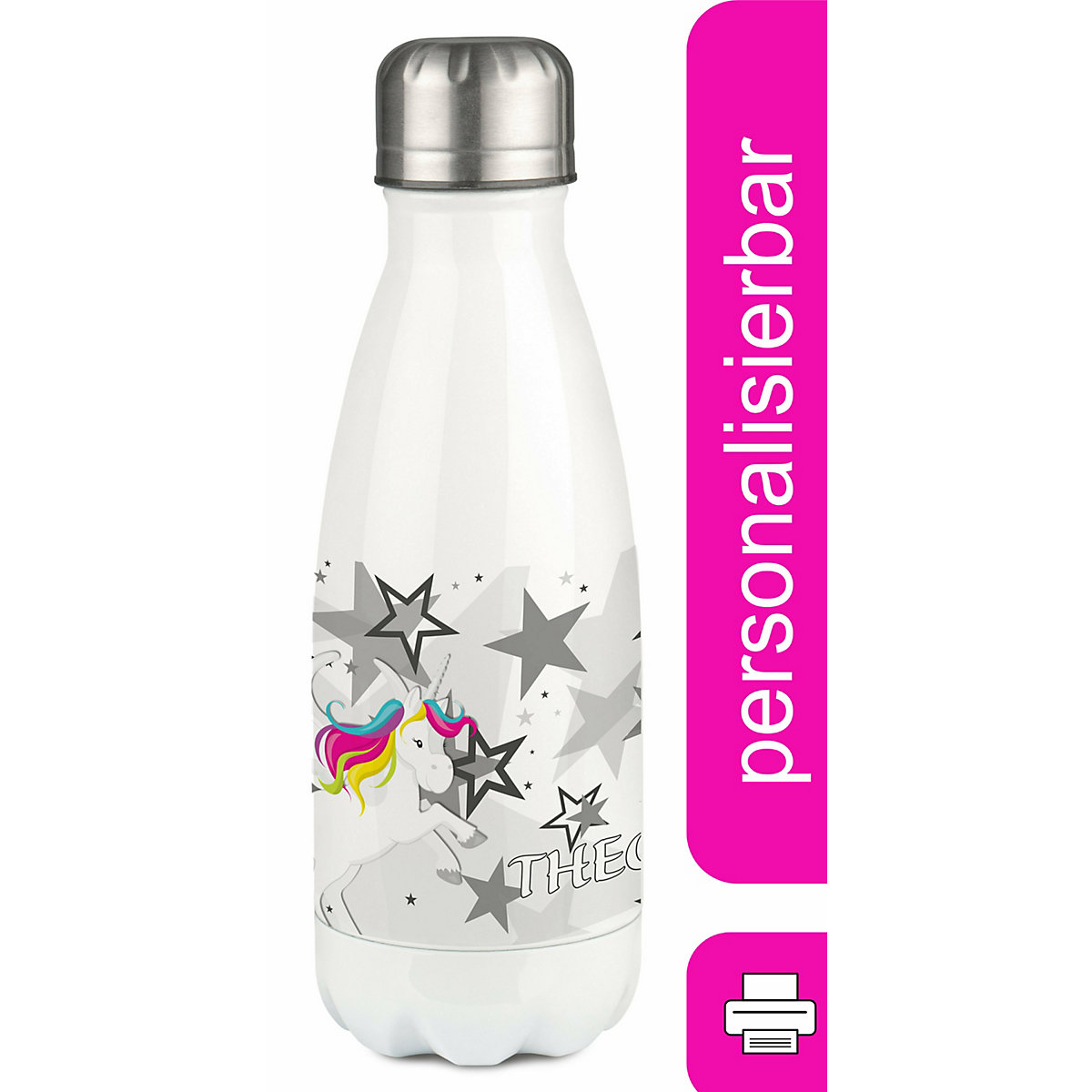 Edelstahl Kinder Thermoflasche / Trinkflasche bunt Pegasus Sterne Farbe grau Spülmaschinenfest, Auslaufsicher, Bruchfest, Doppelwandig, Für Heißgetränke geeignet, Mit Deckel, Isoliert