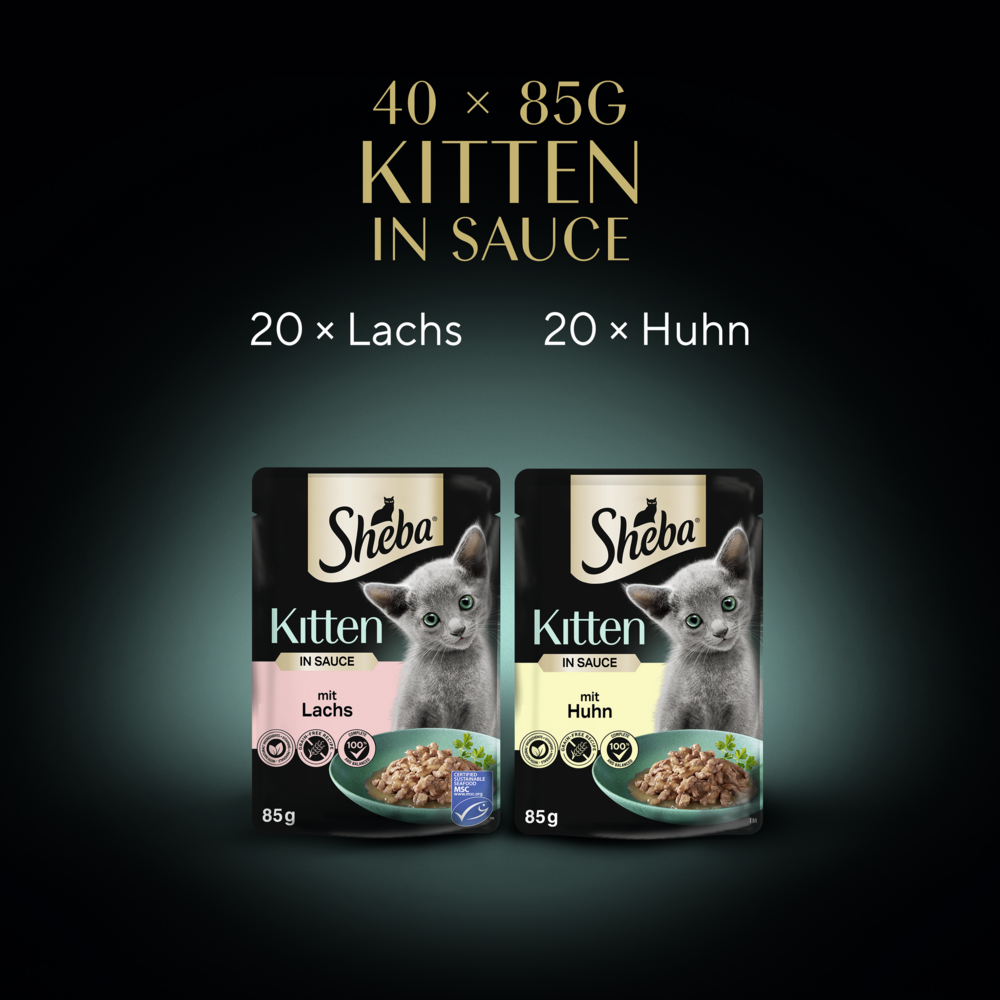 Sheba Portionsbeutel Multipack Mega-Pack Kitten in Sauce Feine Vielfalt mit Lachs, mit Huhn MSC 40 x 85g