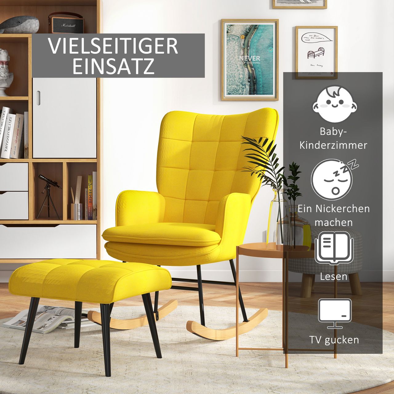 HOMCOM Schaukelstuhl Schwingsessel mit Hocker Relaxsessel mit Leinenoptik