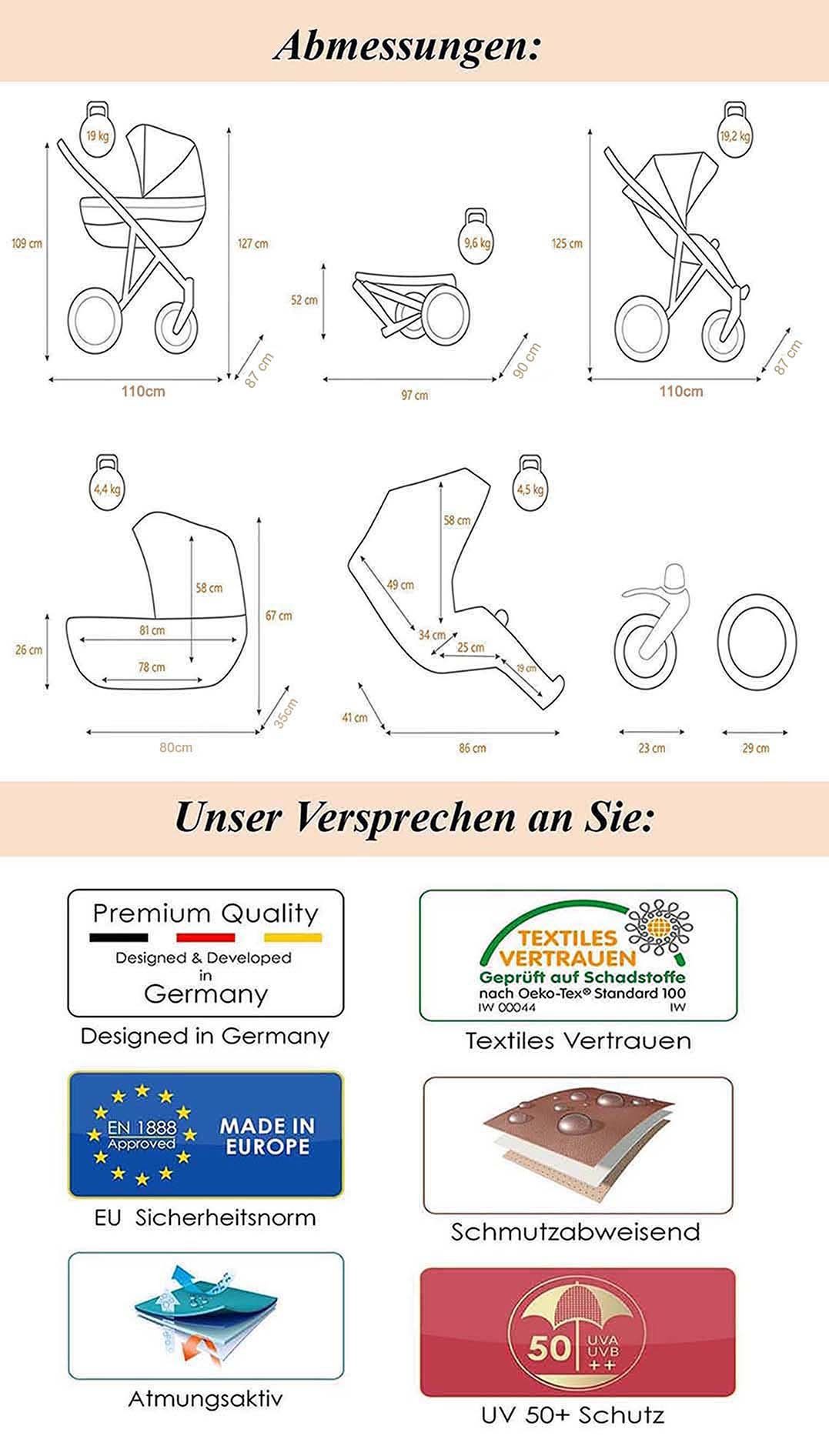 babies-on-wheels Zwillingswagen Duet Lux Gold 3 in 1 inkl. Autositze - 13 Teile - in 33 Farben