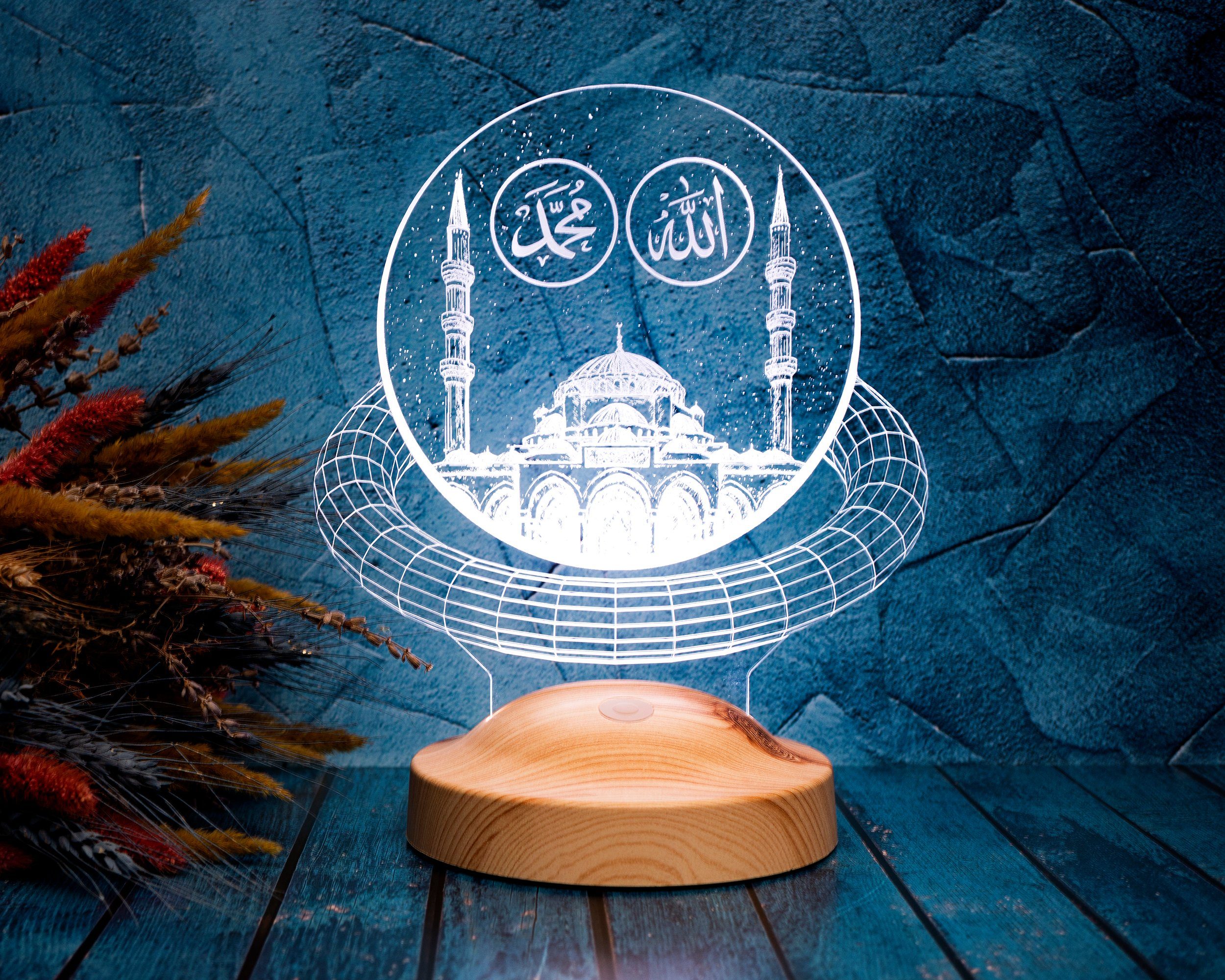 Geschenkelampe LED Nachttischlampe Moschee Nachtlicht Islamistische Deko Geschenk für Muslimischen Freund, Leuchte 7 Farben fest integriert, Allah Islamisches Kalligraphie, Eid-Dekoration