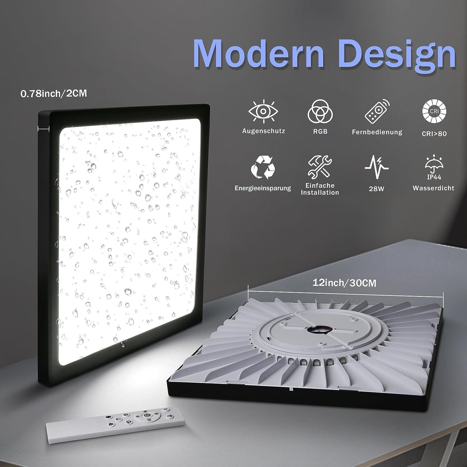 ZMH LED Deckenleuchte IP44 RGB Hintergrundleuchtung 28W Dünn Flach mit Fernbedienung, Dimmbar, LED fest integriert, warmweiß-kaltweiß