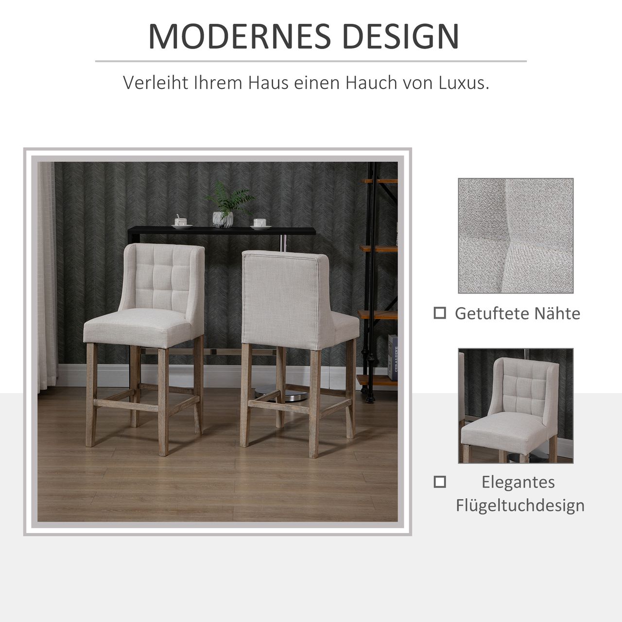 HOMCOM 2er-Set Barhocker moderne Küchenstühle Bistrohocker Barstühle für Küche mit Rückenlehne Tresenhocker Leinen-Touch Gummiholz Beige 47 x 50 x 101 cm