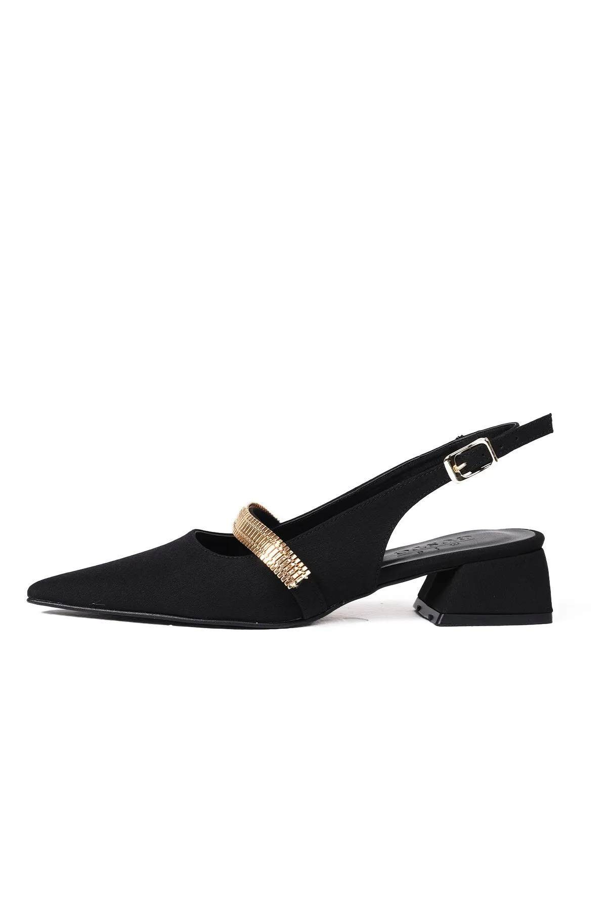 Mio Gusto  Laura Schwarze Damenschuhe mit offenem Rücken und kurzem Absatz aus mattem Satinstoff