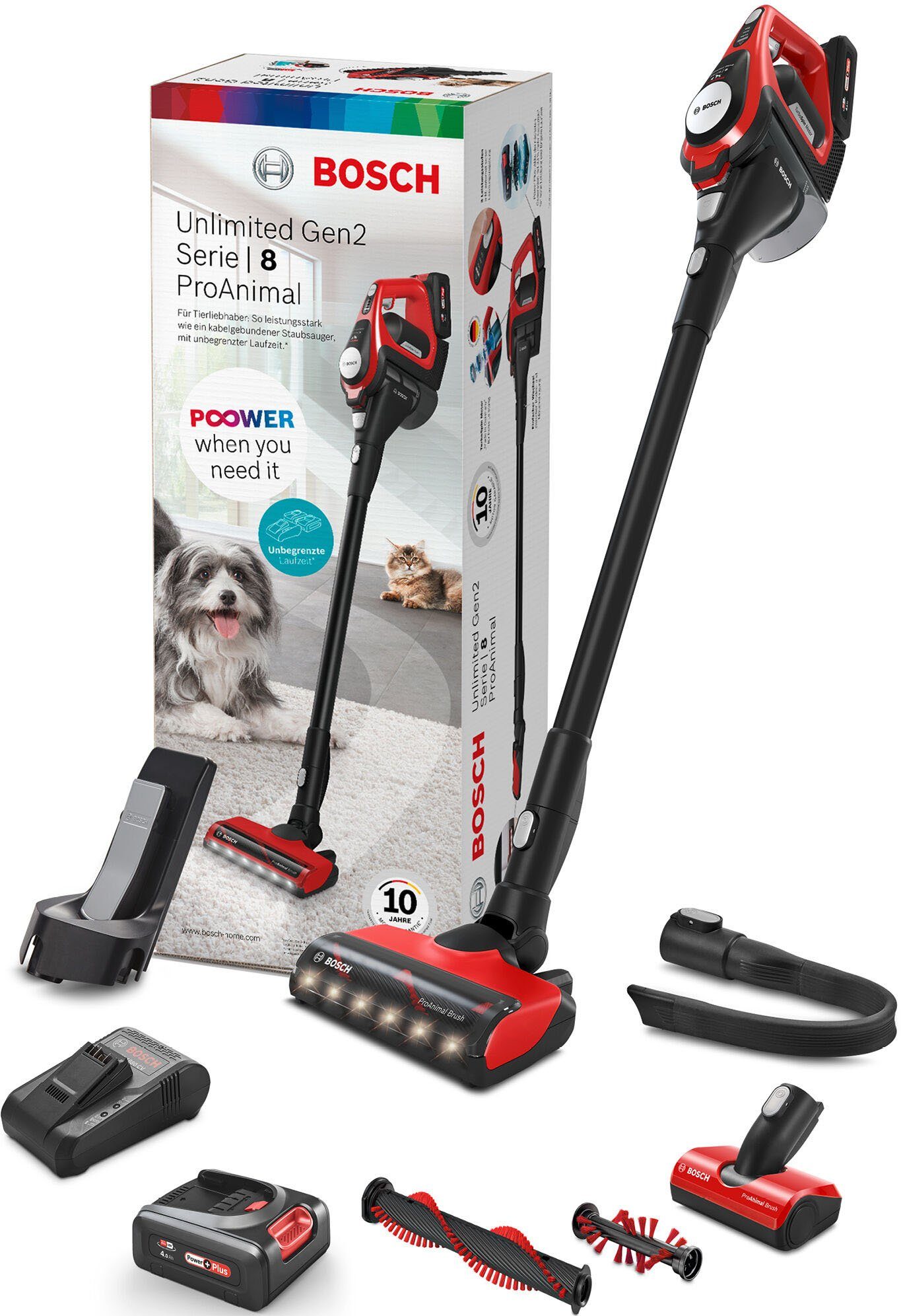 BOSCH Akku-Stielstaubsauger BCS8224PET Unlimited Serie 8 Gen2, beutellos, Ideal für Haustierbesitzer, rot/schwarz