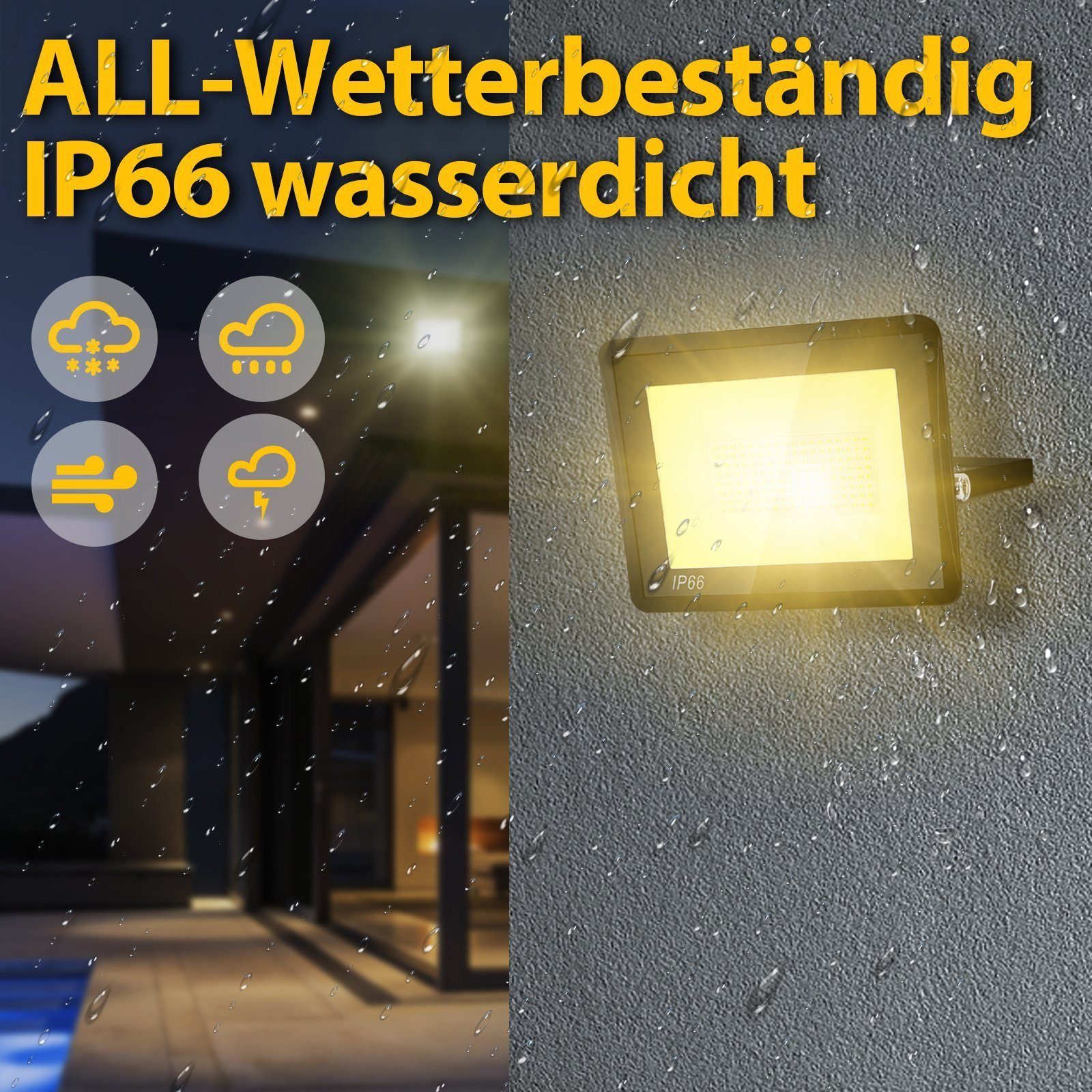 Clanmacy Baustrahler 10W LED Flutlichtstrahler Warmweiß Außenstrahler Strahler 900LM 3000K, LED fest integriert, Warmweiß
