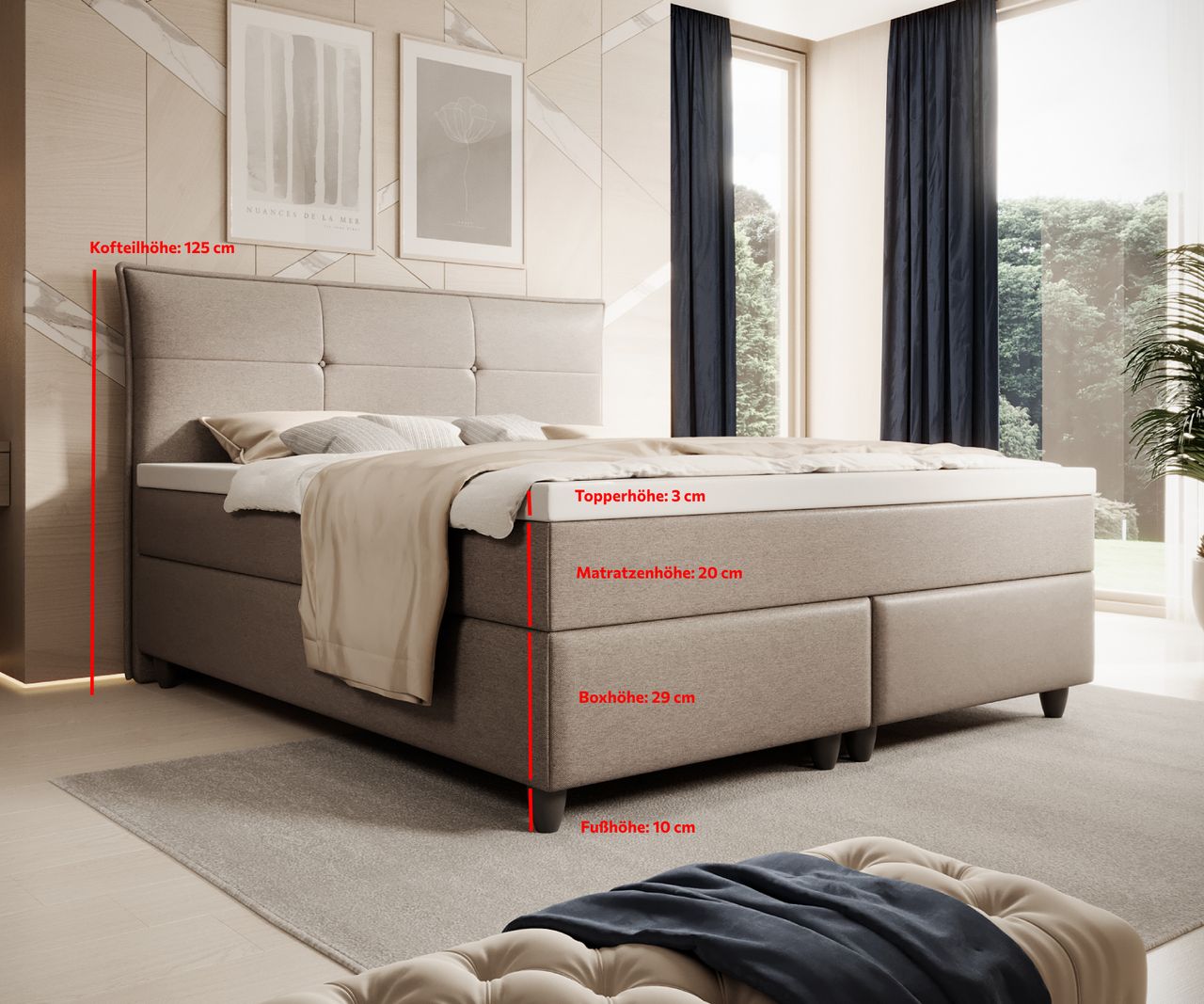 IHG Boxspringbett Emden 180x200cm Webstoff Hellgrau