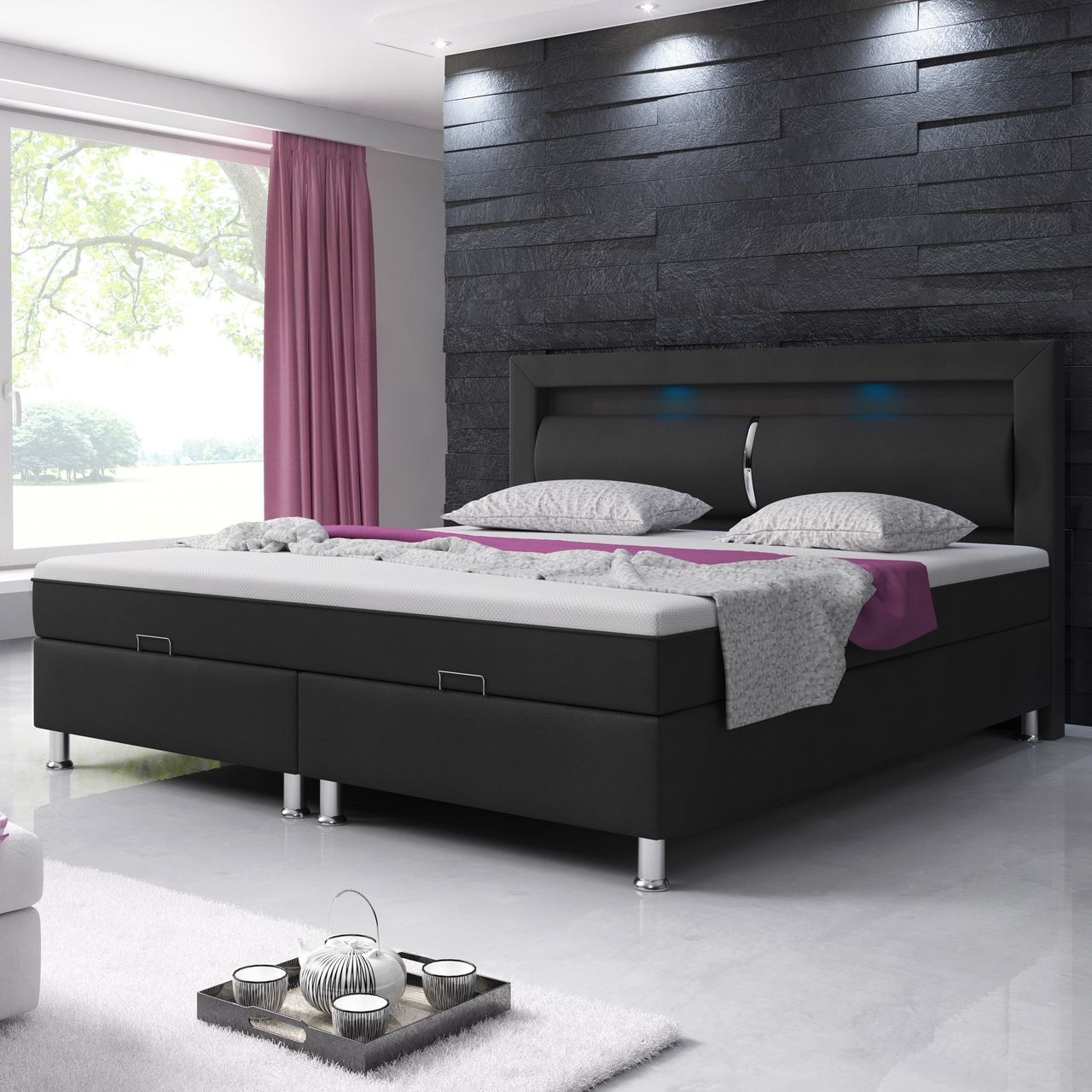 IHG Boxspringbett Milano 180x200 Bettkasten Kunstleder Schwarz TYP 6 mit integriertem Topper
