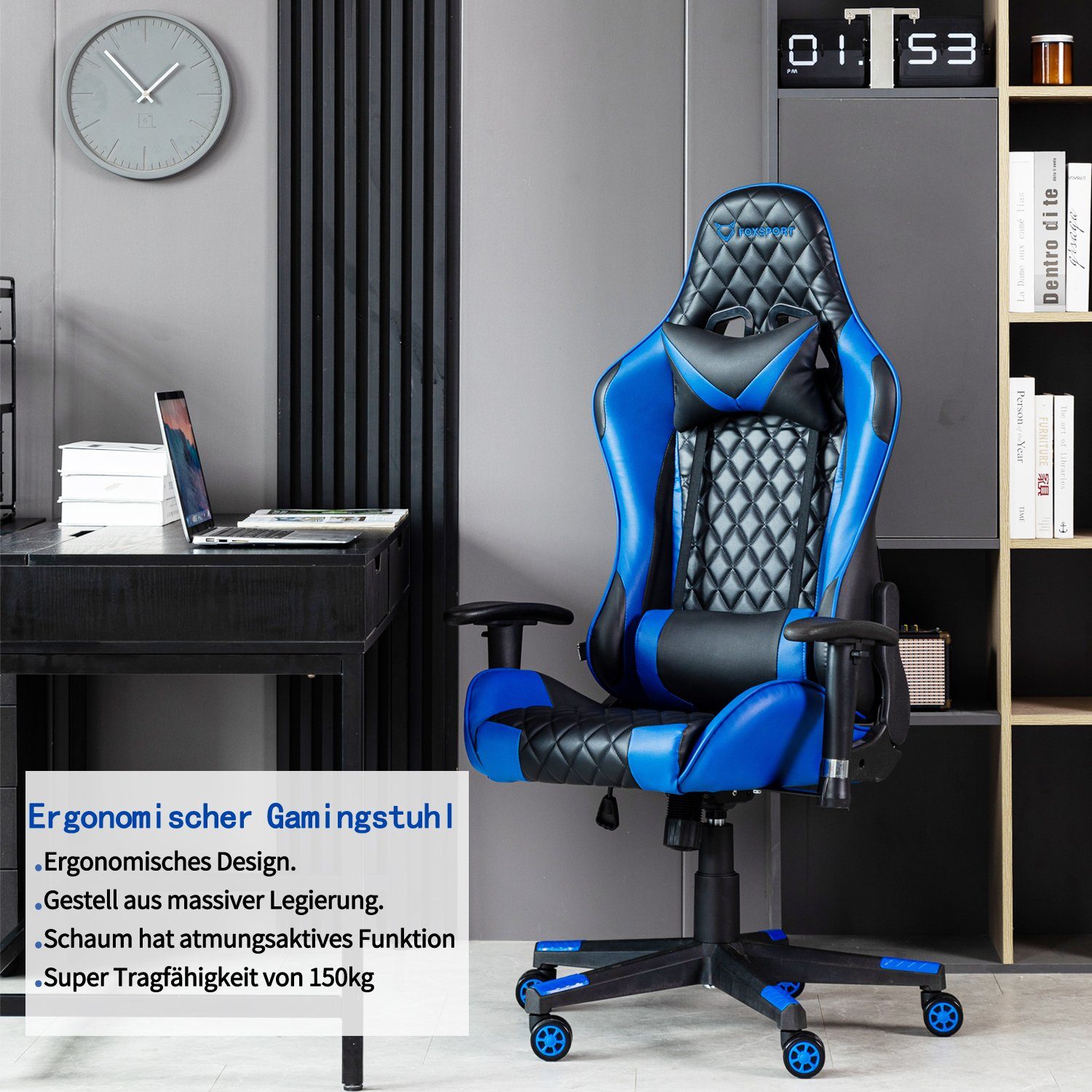 FOXSPORT Gaming-Stuhl ergonomisch Gamer Stühle (Professioneller Gamingstuhl), Eingebauter Wippmechanismus, Max. Belastbarkeit: 150 kg